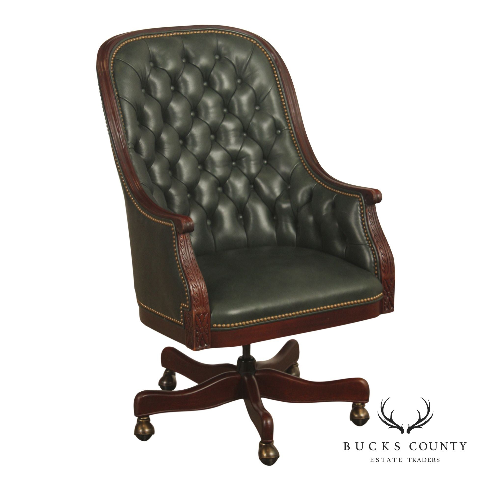 Hancock & Moore Traditional Green Leather Tufted Swivel Desk Chair