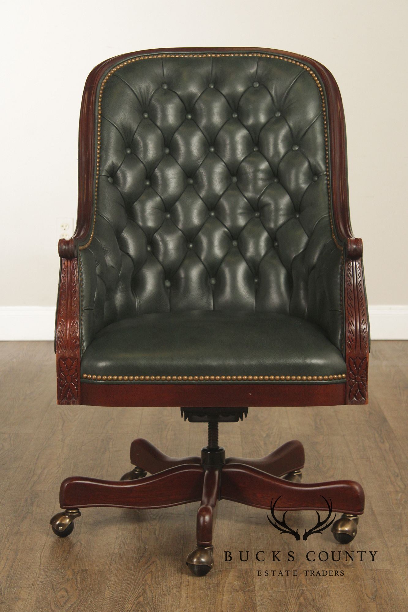 Hancock & Moore Traditional Green Leather Tufted Swivel Desk Chair