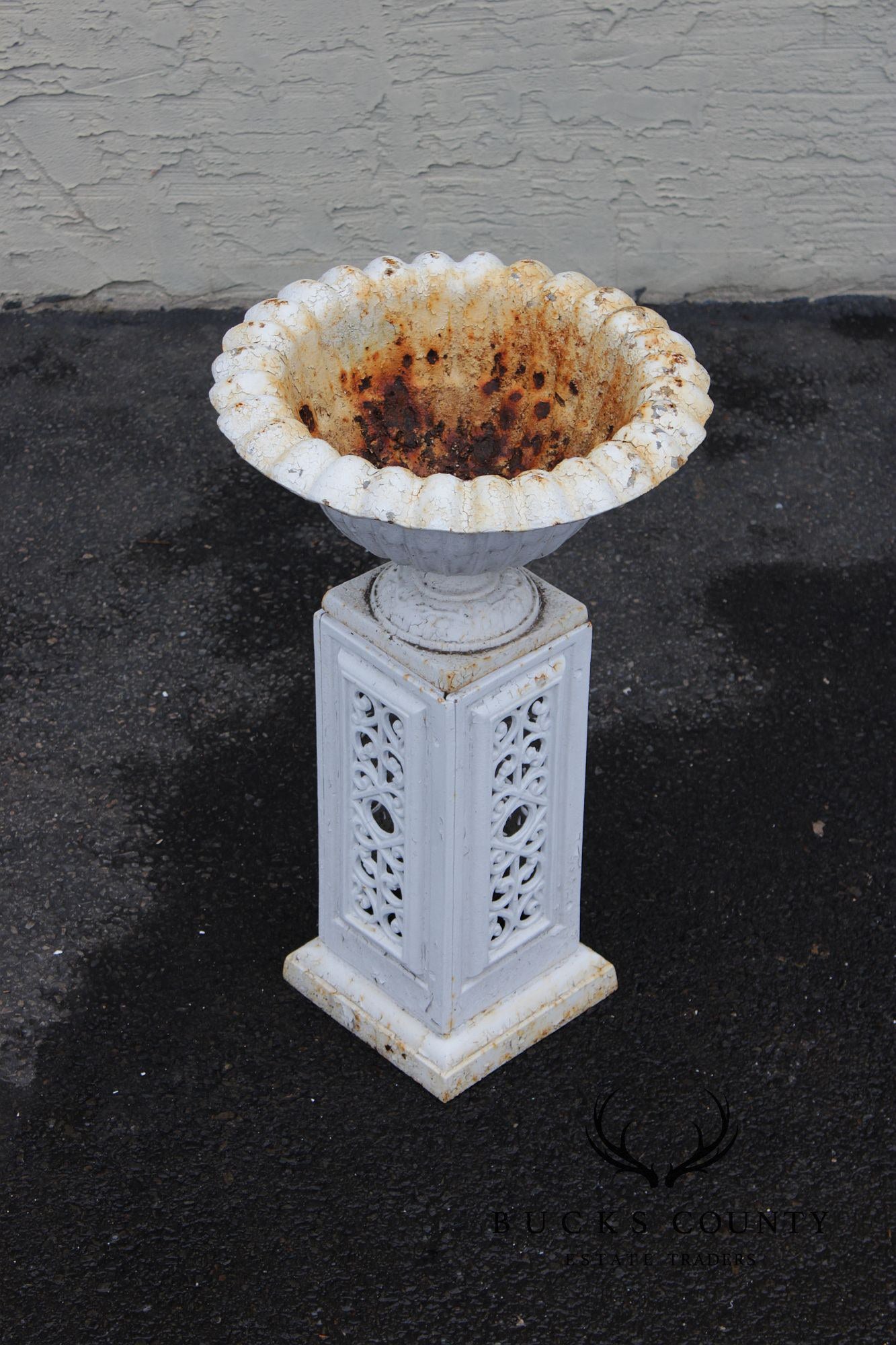 Vintage Pair of Painted Cast Iron Garden Urns on Stands