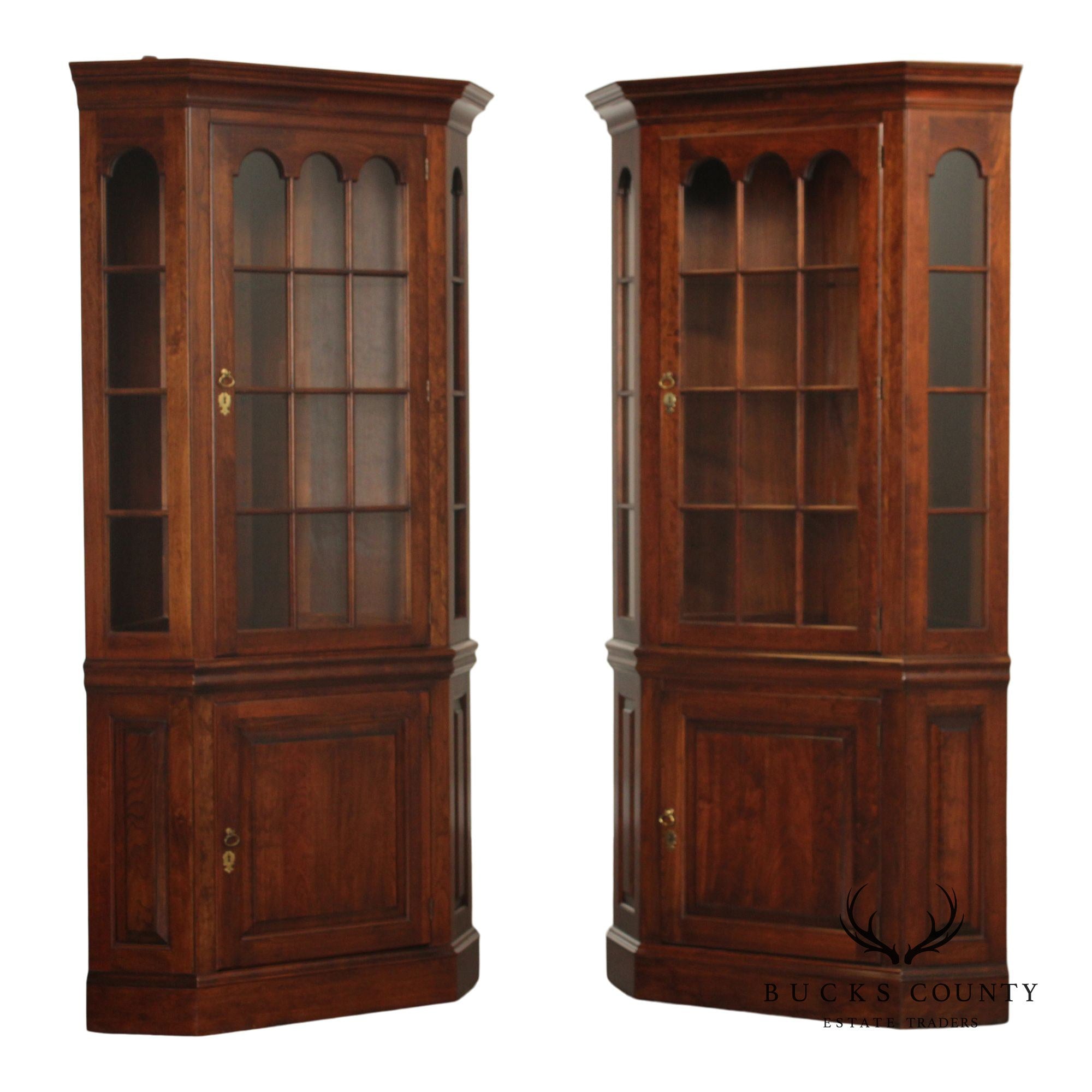 Pennsylvania House Pair Traditional Cherry Lighted Corner Cabinets
