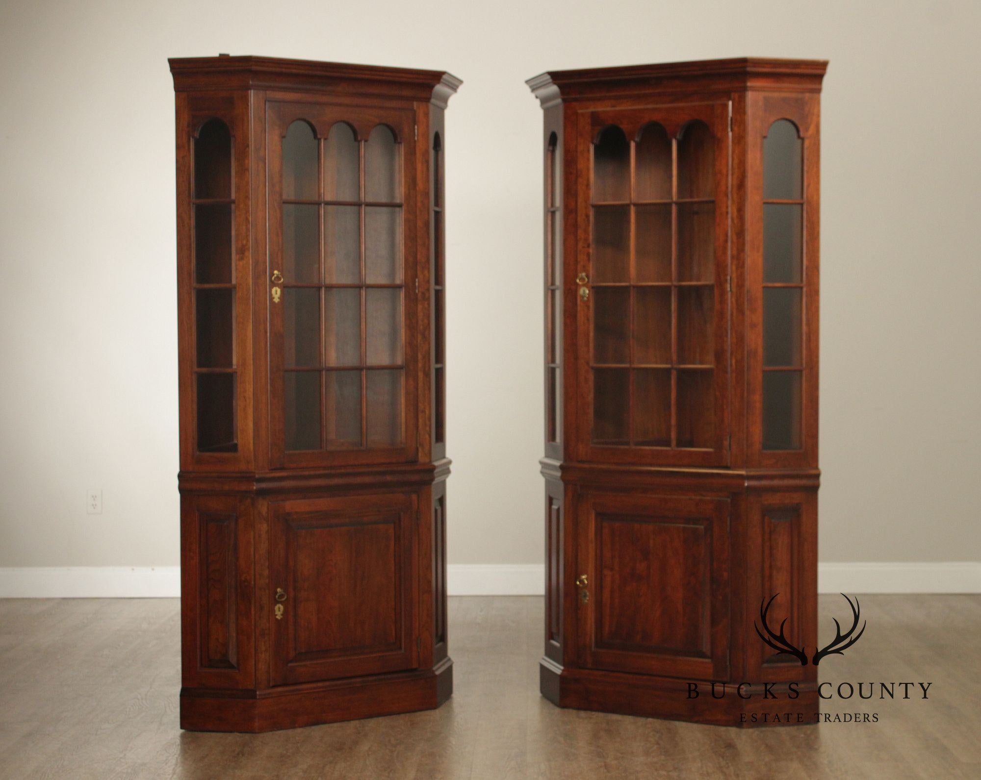 Pennsylvania House Pair Traditional Cherry Lighted Corner Cabinets