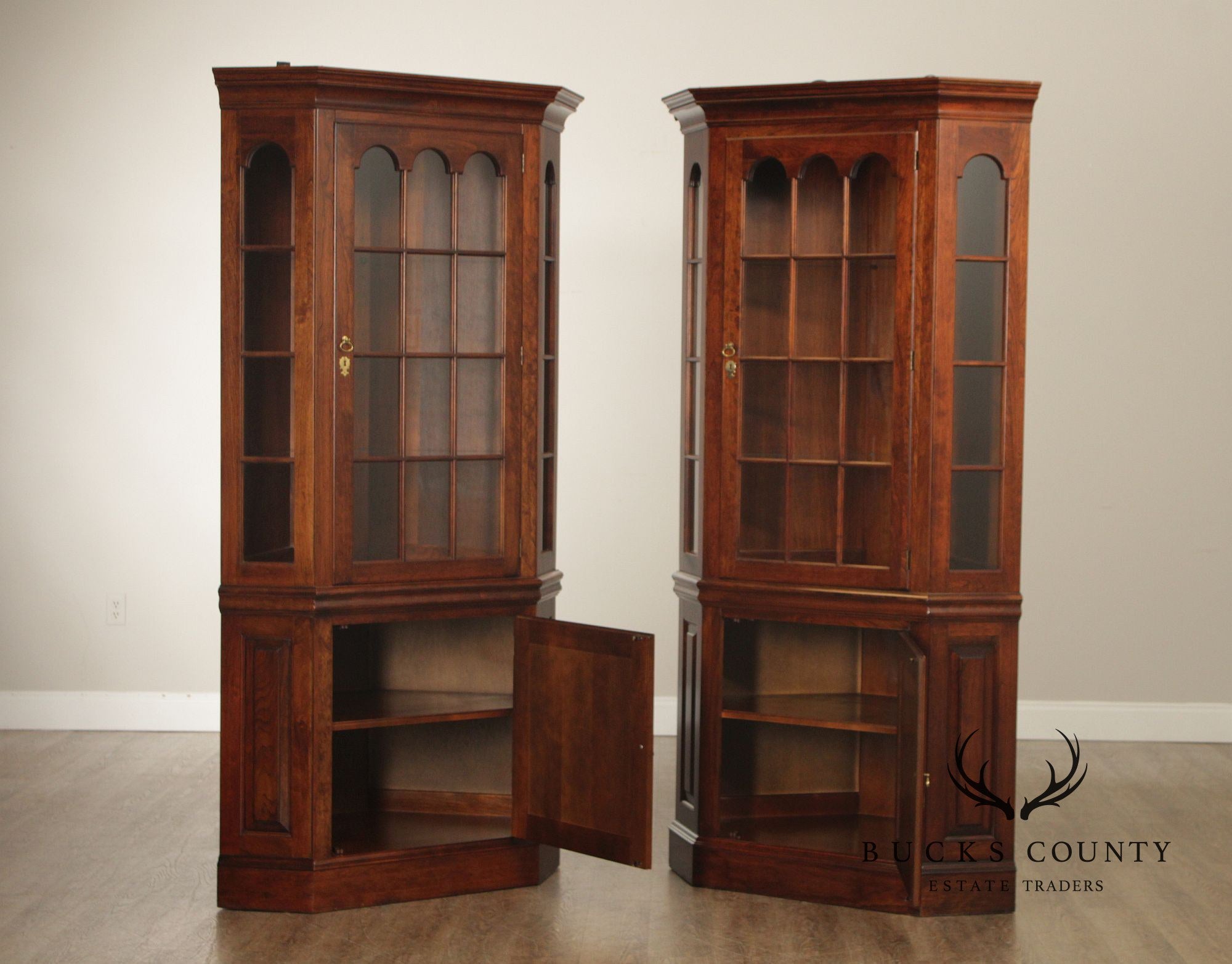 Pennsylvania House Pair Traditional Cherry Lighted Corner Cabinets
