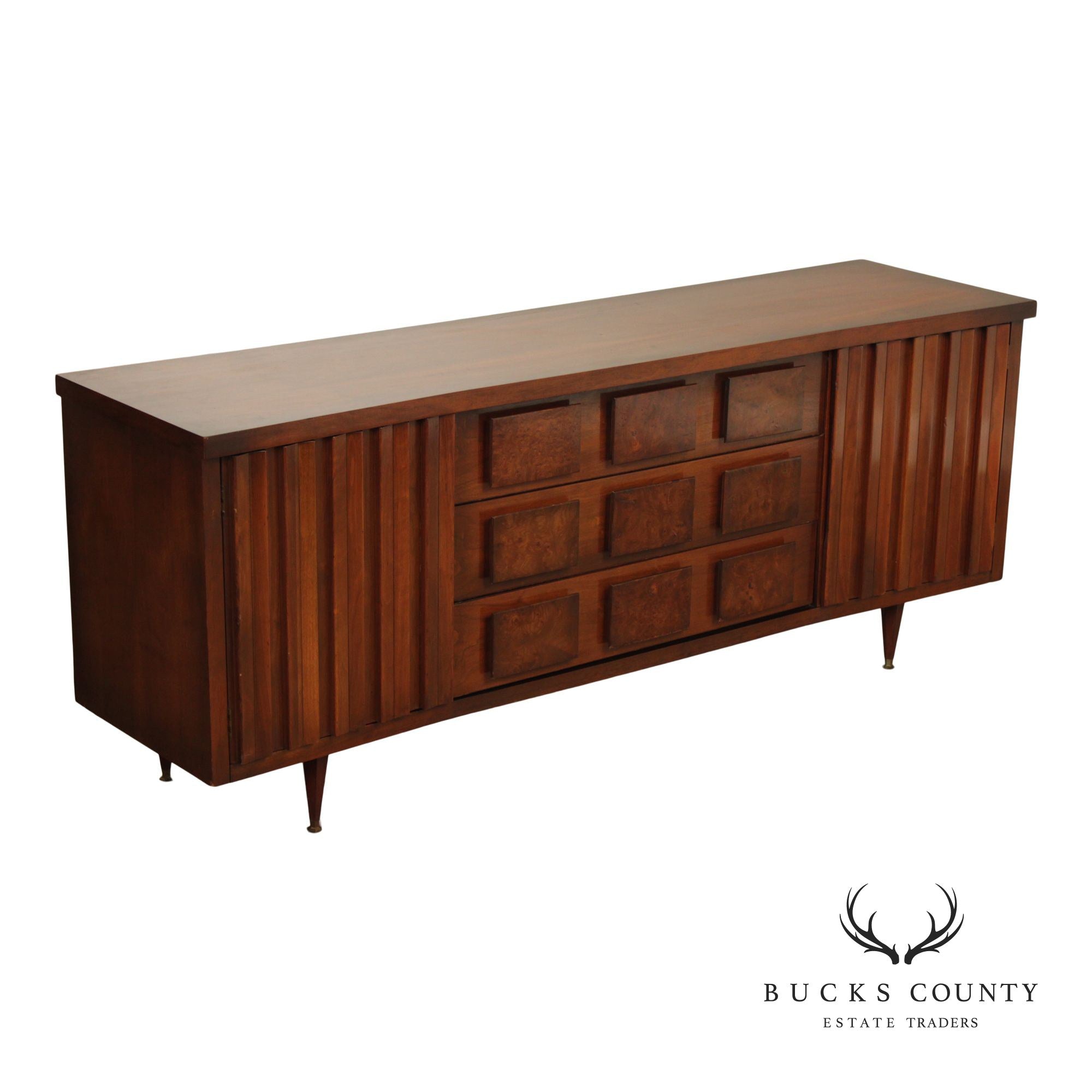 United Furniture Mid Century Modern Walnut & Burl Long Credenza Sideboard