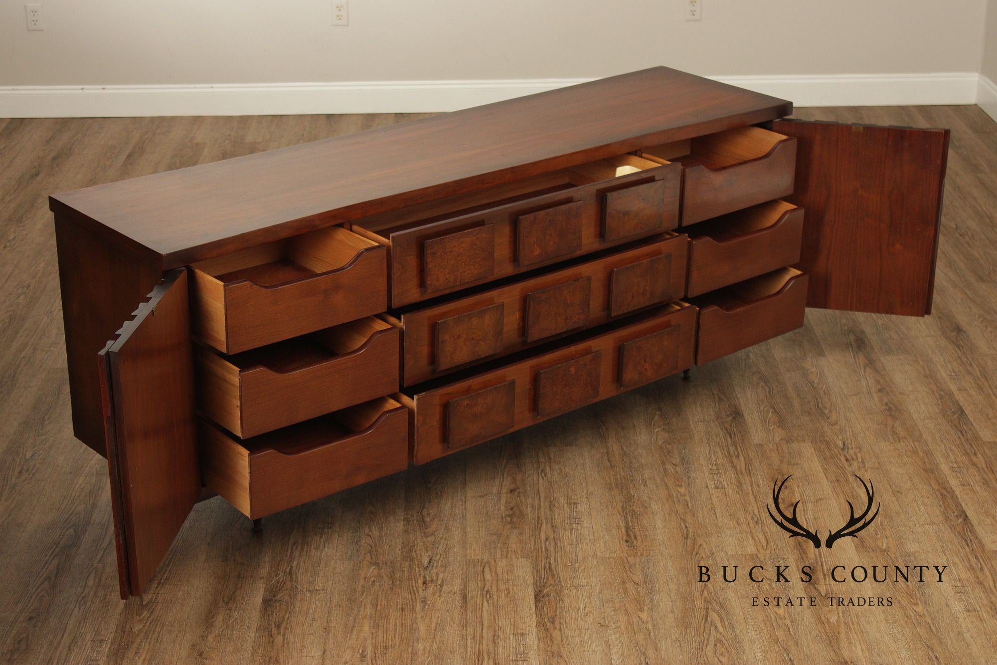 United Furniture Mid Century Modern Walnut & Burl Long Credenza Sideboard