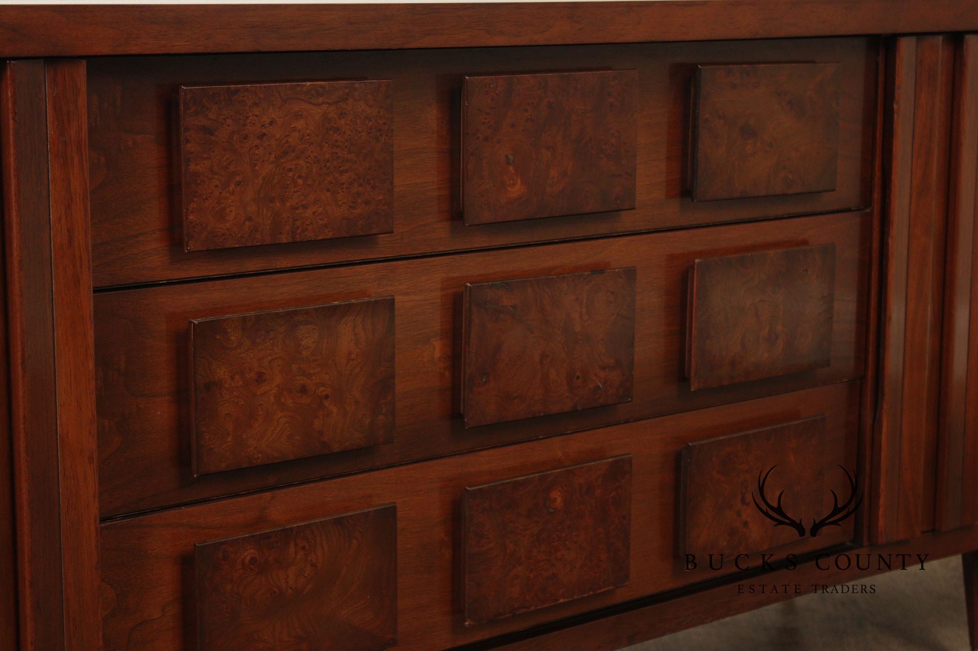 United Furniture Mid Century Modern Walnut & Burl Long Credenza Sideboard