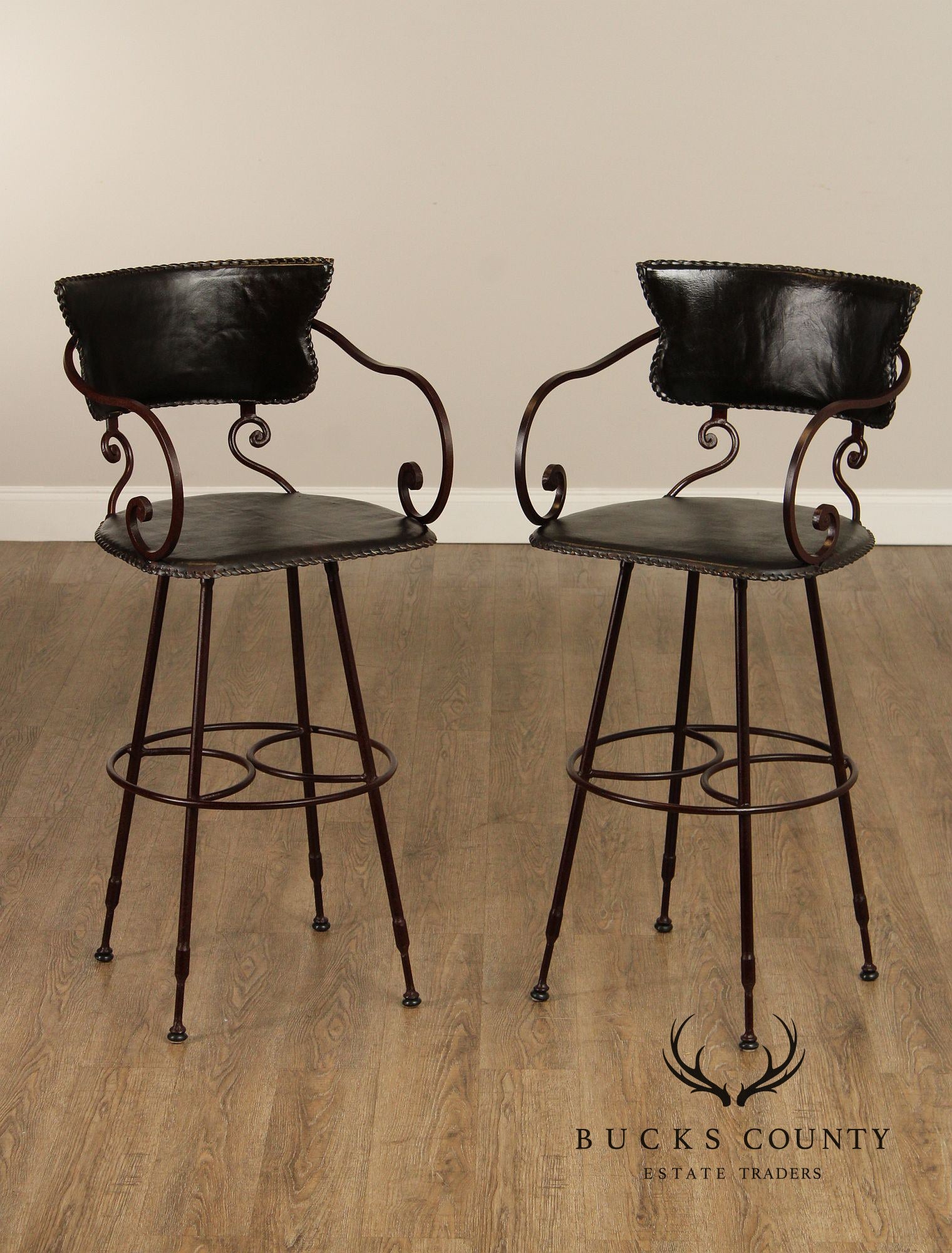 Arhaus Rustic Style Pair of Wrought Iron and Leather Bar Stools