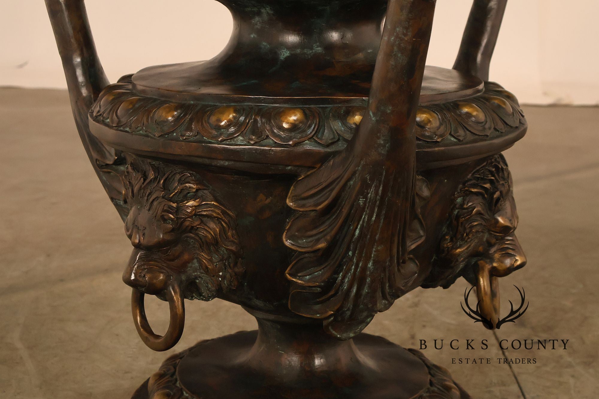 Monumental Brass Urn Form  Double Pedestal Glass Top Dining Table