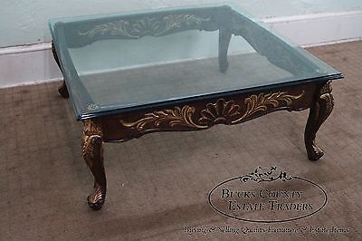 Quality Solid Mahogany French Style Carved & Gilded Glass Top Coffee Table