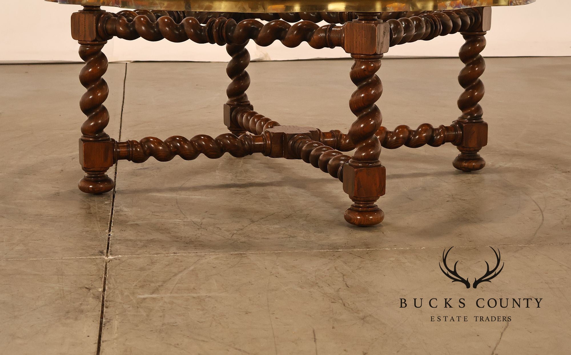 Baker Vintage Oak Barley Twist Scalloped Brass And Glass Top Coffee Table