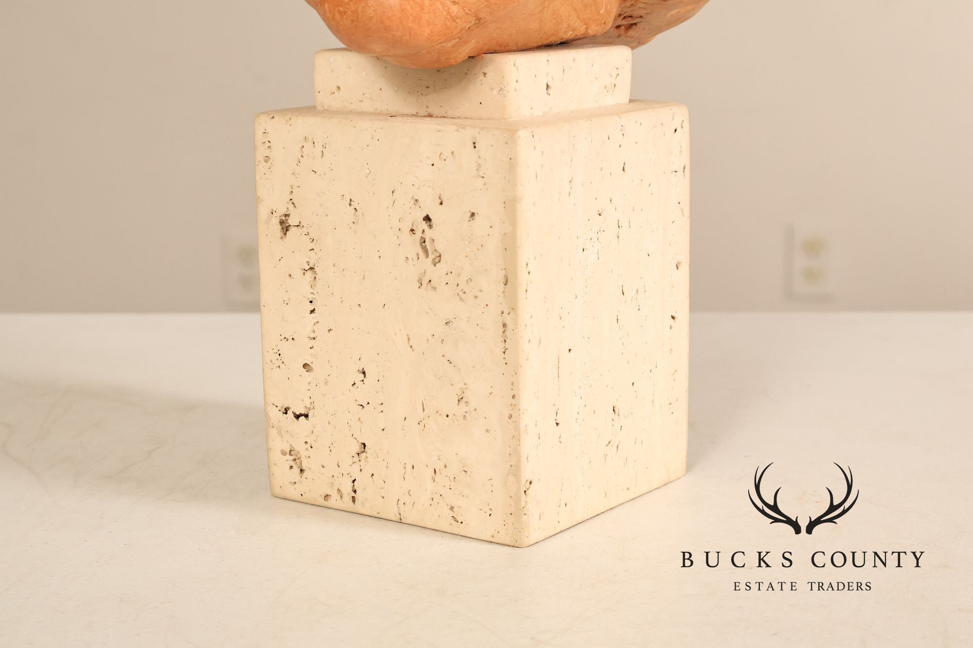 Contemporary Terracotta Female Portrait Bust Sculpture On Travertine Pedestal Base