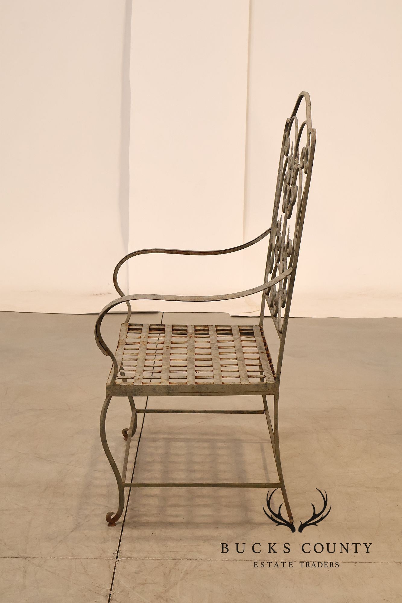 Vintage Wrought Iron Garden Bench With Scrollwork Back