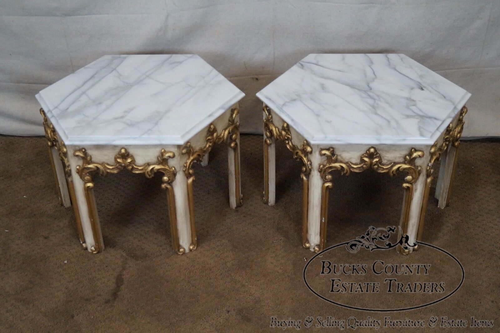 Quality Pair of Hollywood Regency Partial Gilt Hexagon Marble Top Side Tables