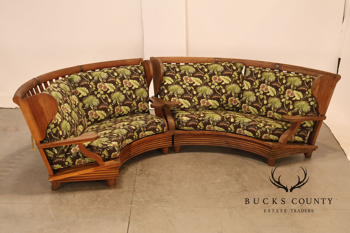 Curved Teak Modular Sofa With Floral Upholstery