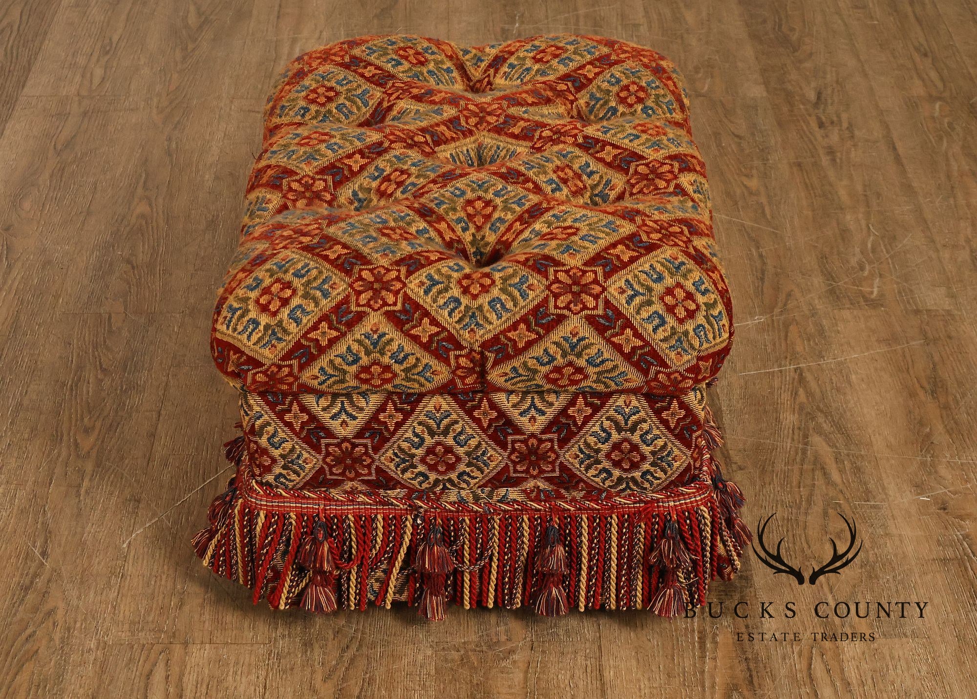 Pair of Tufted Upholstered Tassel Fringe Footstools Ottomans