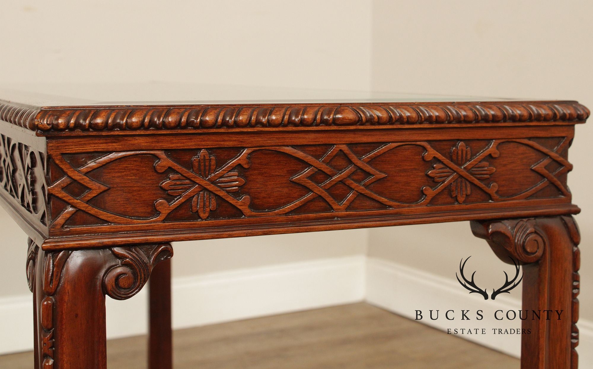 Chinese Chippendale Style Glass Top Mahogany Console Table