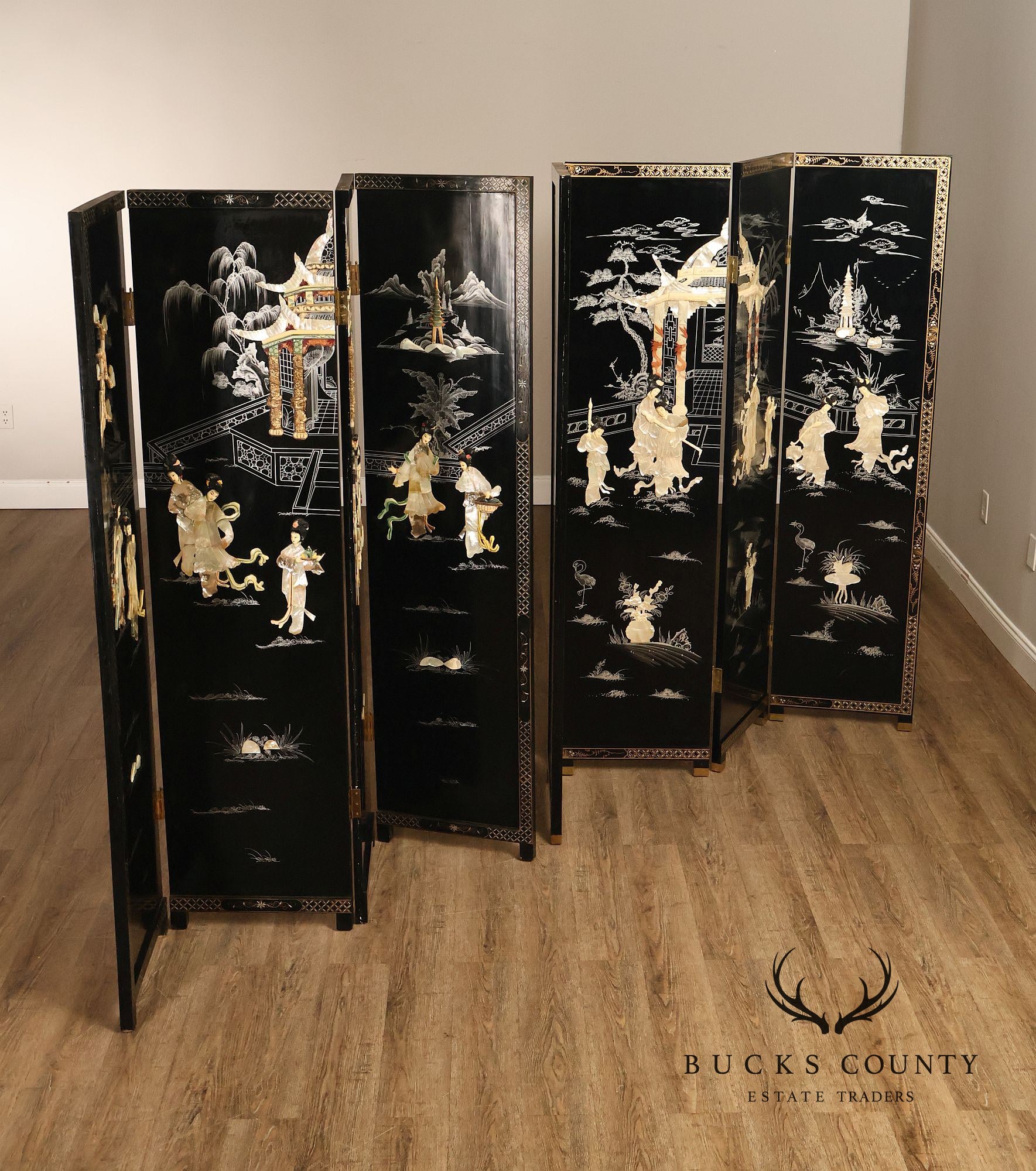 Asian Black Lacquer Vintage Pair Of Four Panel Folding Screens With Mother Of Pearl Inlay