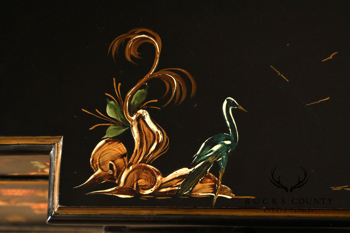 Chinoiserie Style Black Lacquer Hand Painted Sideboard With Hidden Secretary Desk