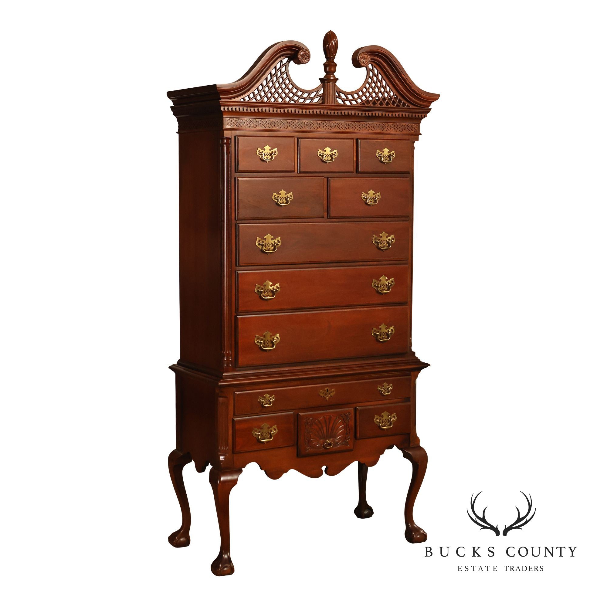 American Drew Traditional Chippendale Style Mahogany Highboy Chest on Chest Tall Dresser