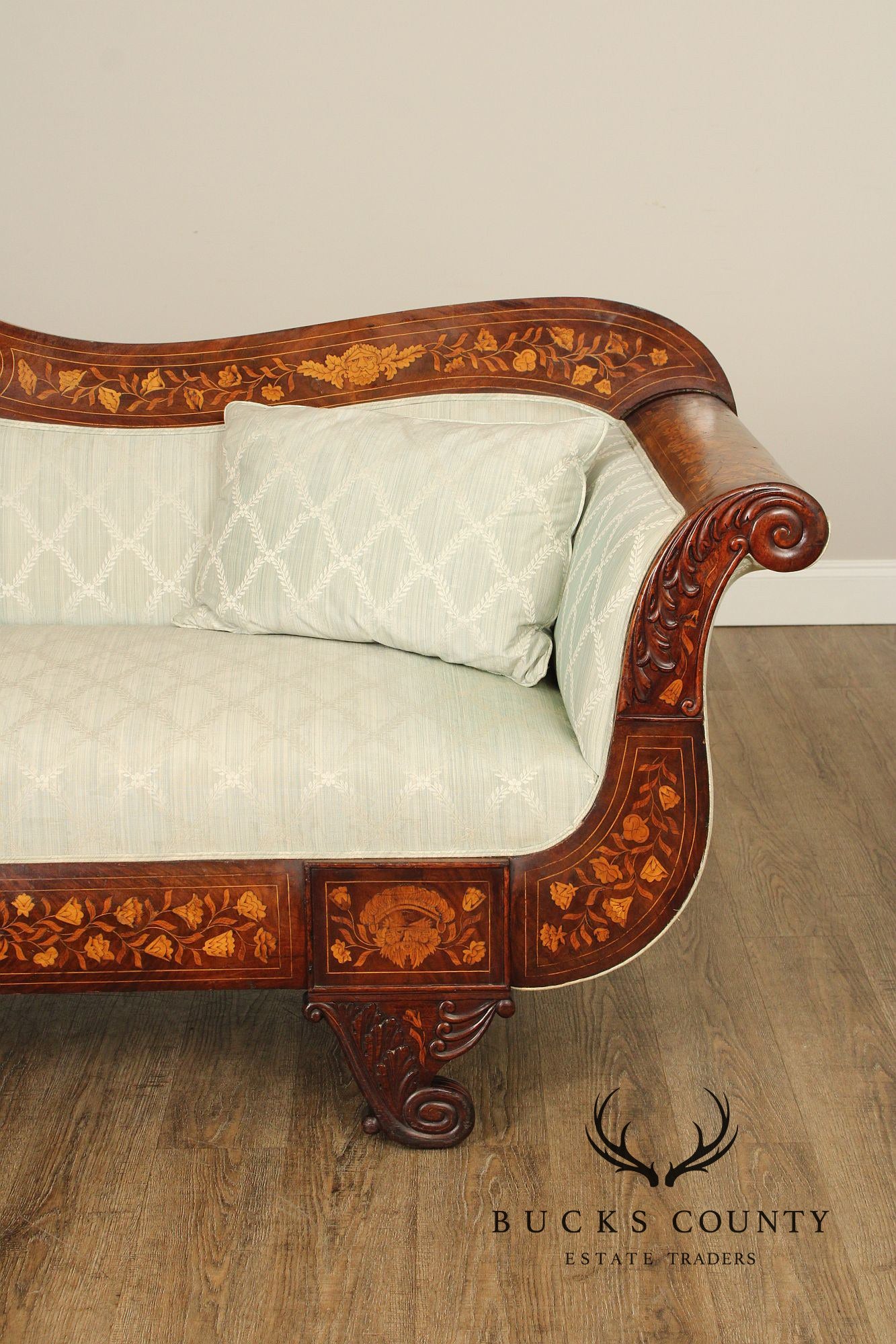 Antique Dutch Marquetry Inlaid Empire Mahogany Sofa