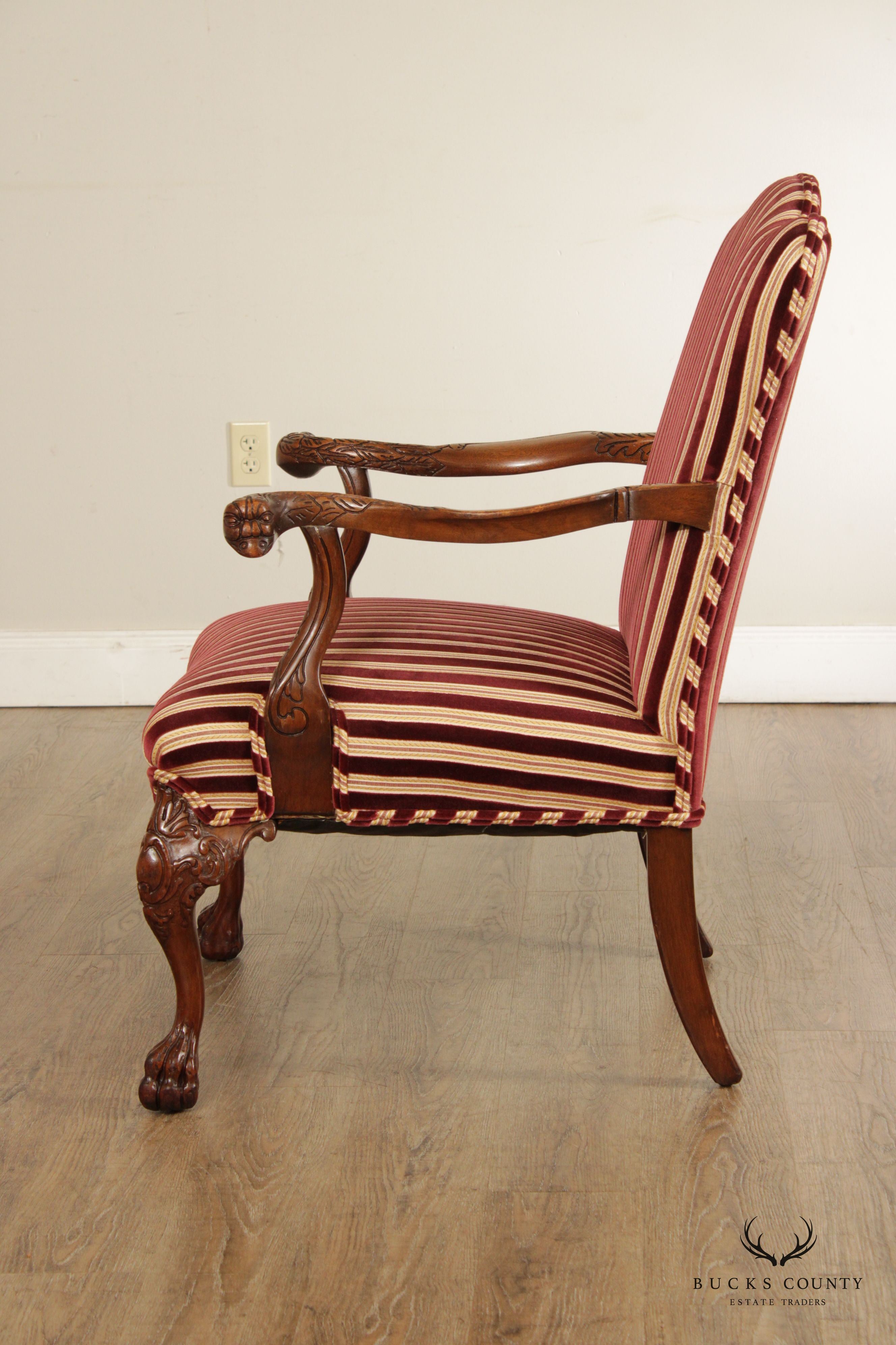 Georgian Style Carved Mahogany Paw Foot Fireplace Armchair