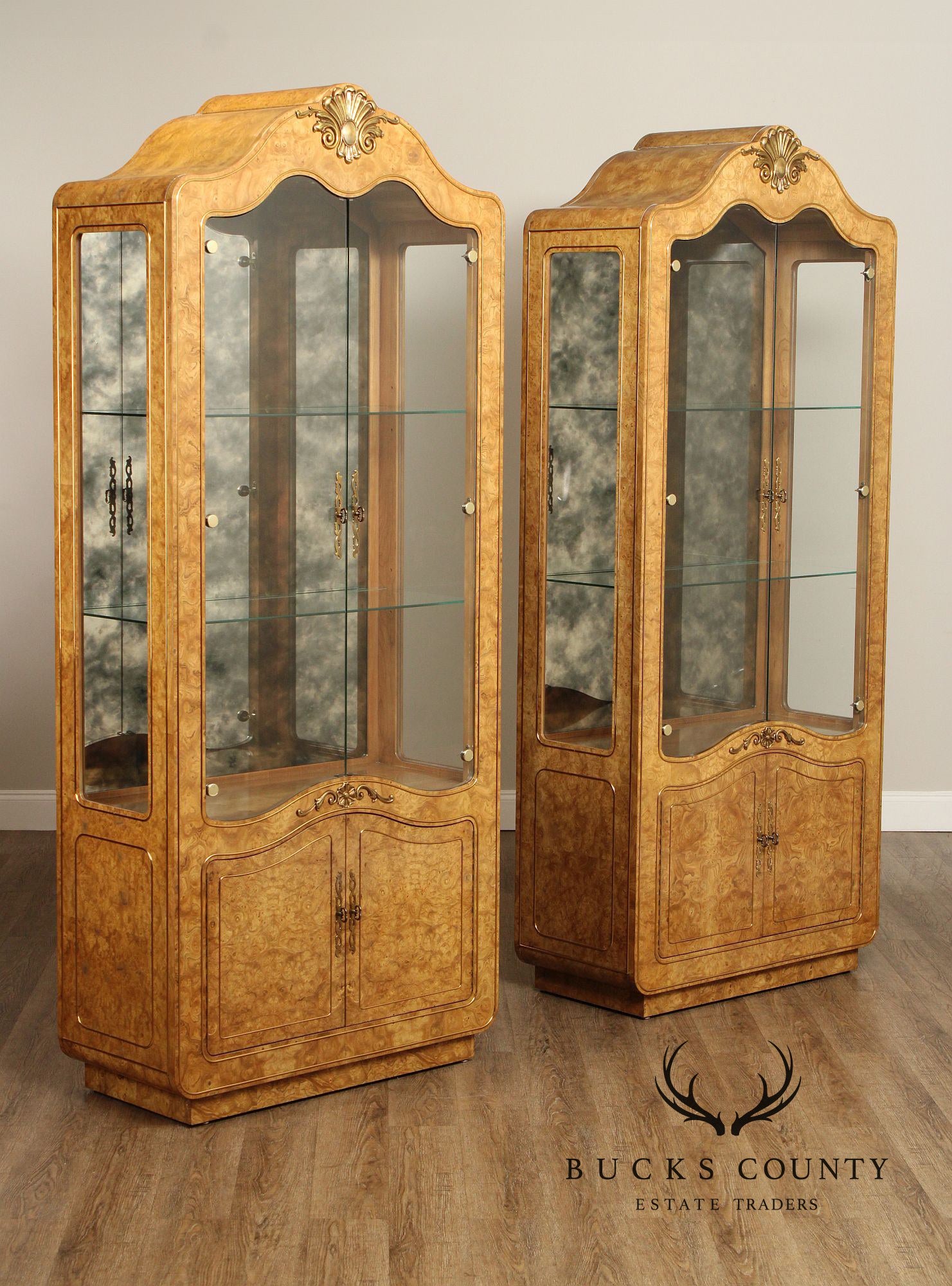 Mastercraft French Style Pair Of Burl Wood Display Cabinets