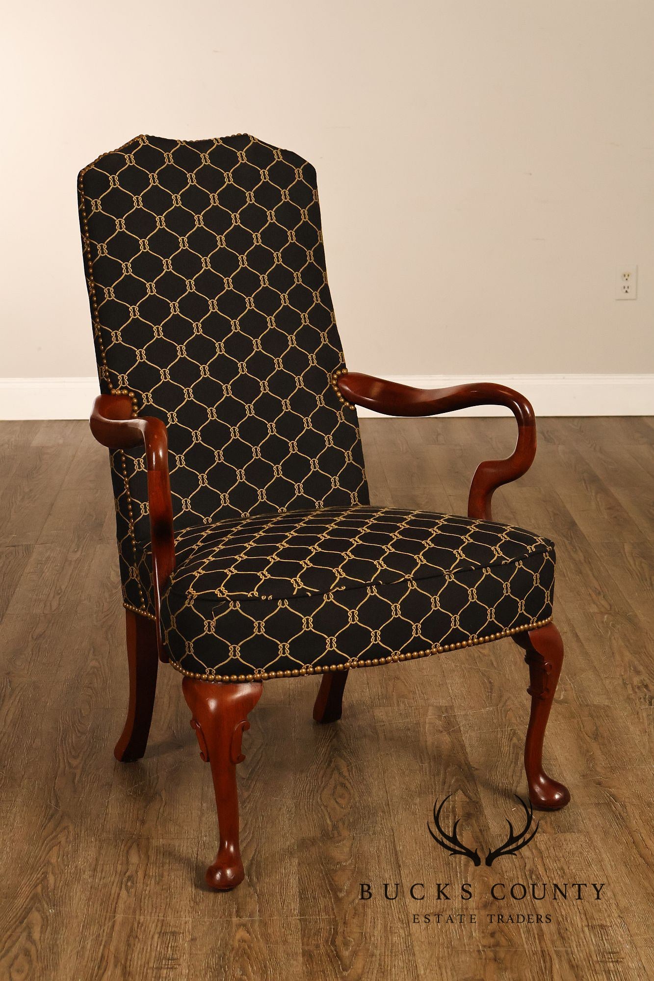 Queen Anne Style Pair Of Tall Back Upholstered Armchairs