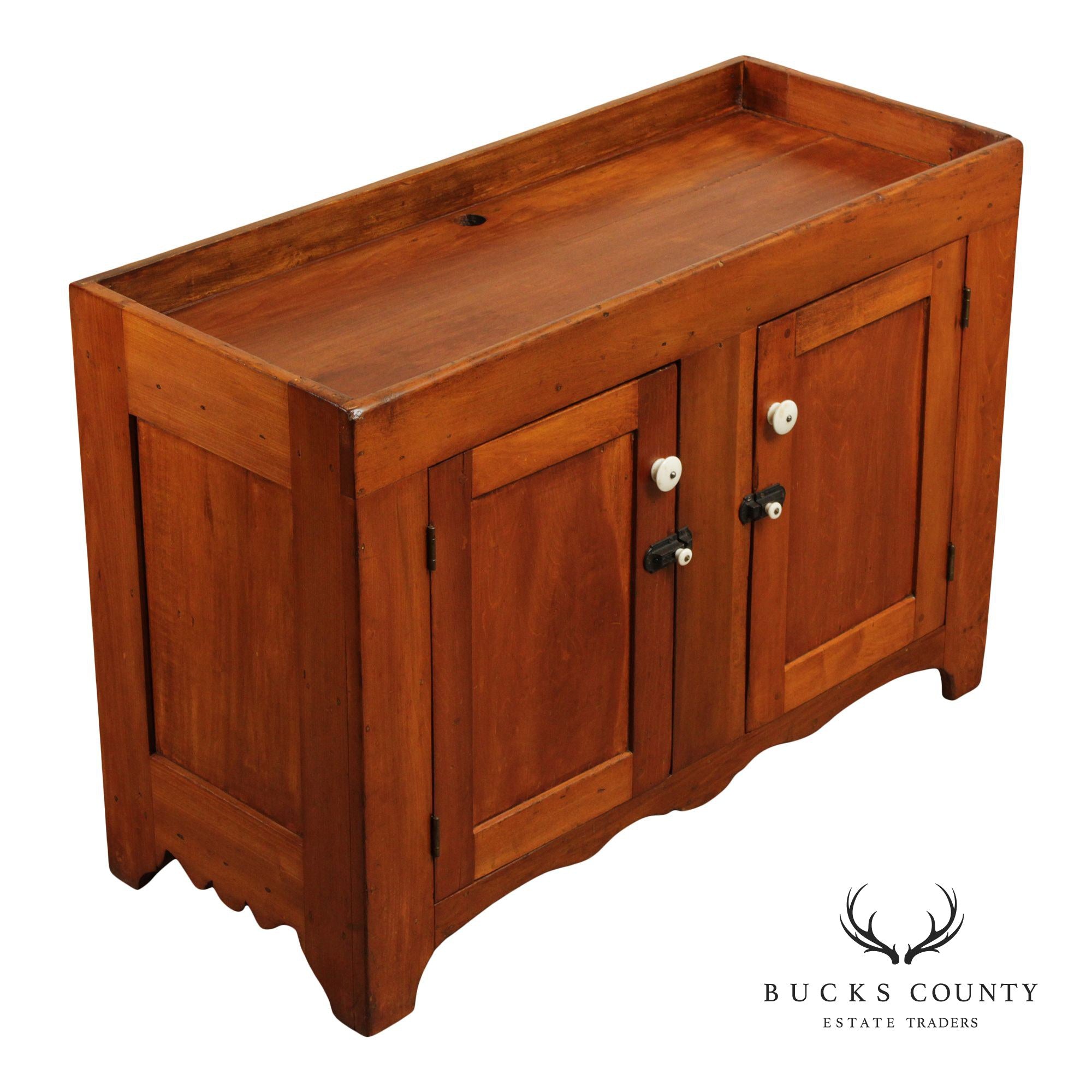Antique 19th Century Solid Pine Dry Sink Cabinet With Porcelain Knobs