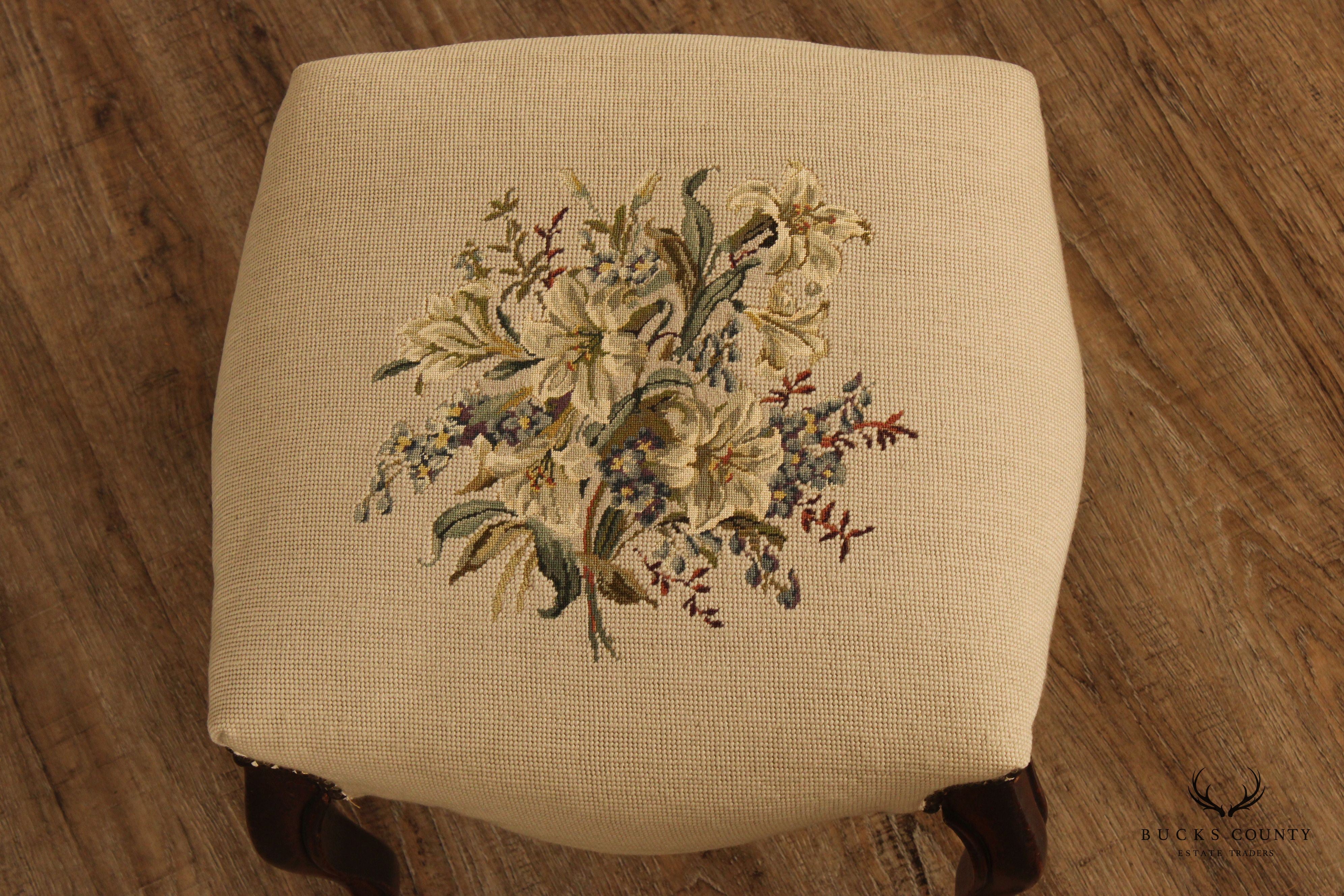 French Louis XV Style Needlepoint Foot Stool Ottoman