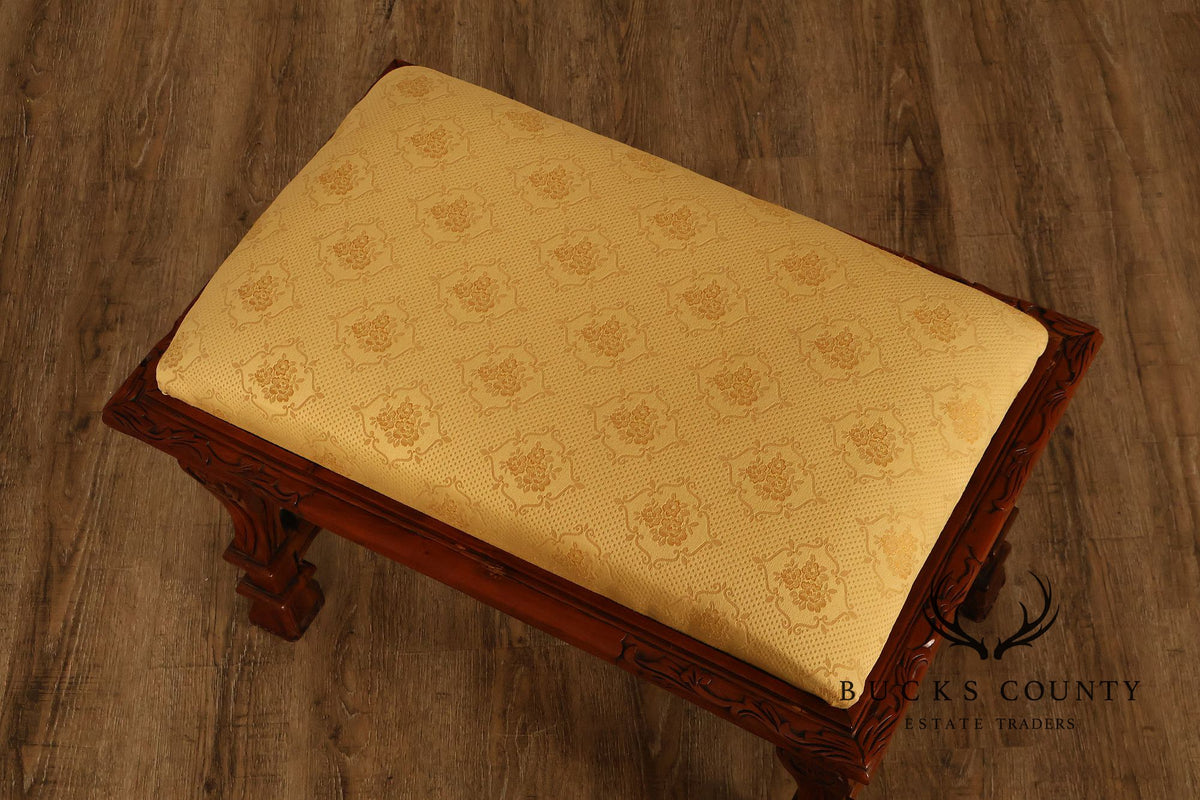 Victorian Style Carved Wood Upholstered Bench