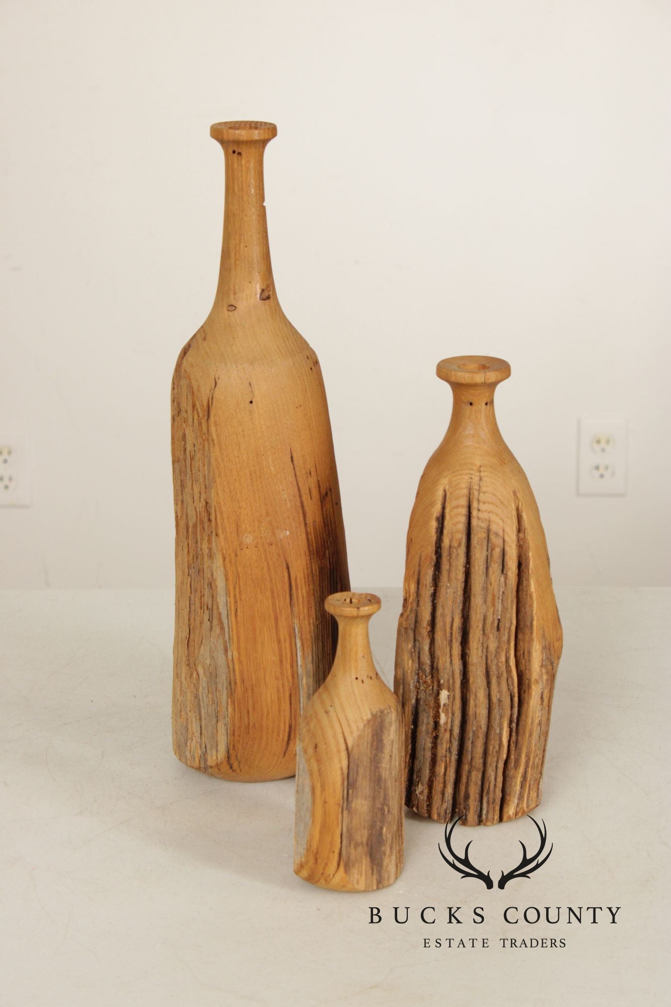 Vintage Set of Three Carved Wood Bottles