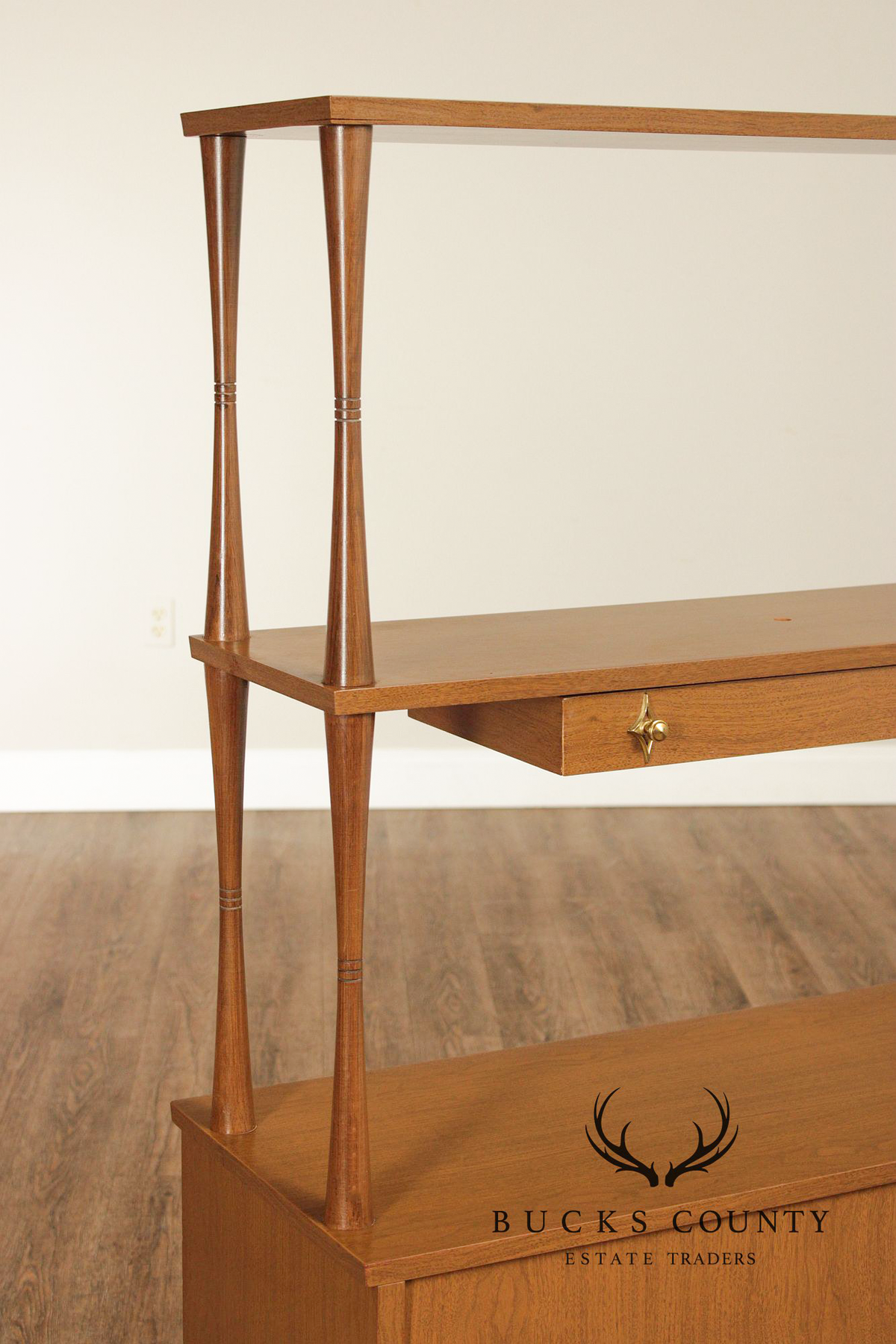 Mid Century Modern Walnut Room Divider Étagère With Brass Accents