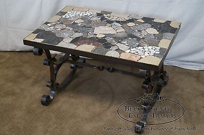 Antique Italian Hand Forged Iron Coffee Table w/ Mosaic Stone Top