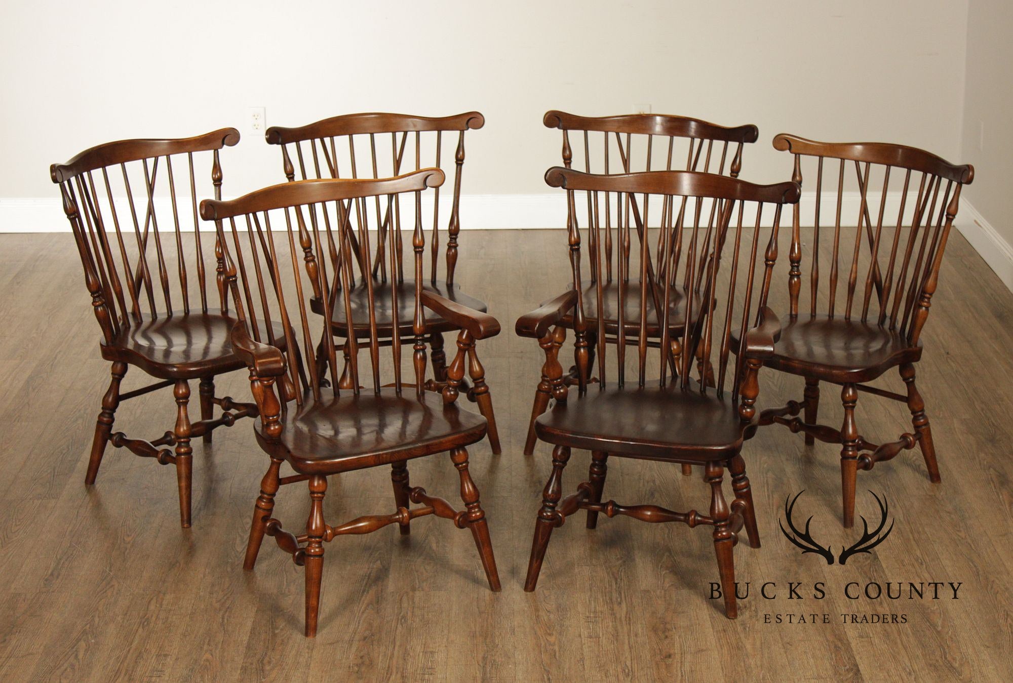 Ethan Allen Vintage Set of Six Windsor Style Dining Chairs, Solid Pine