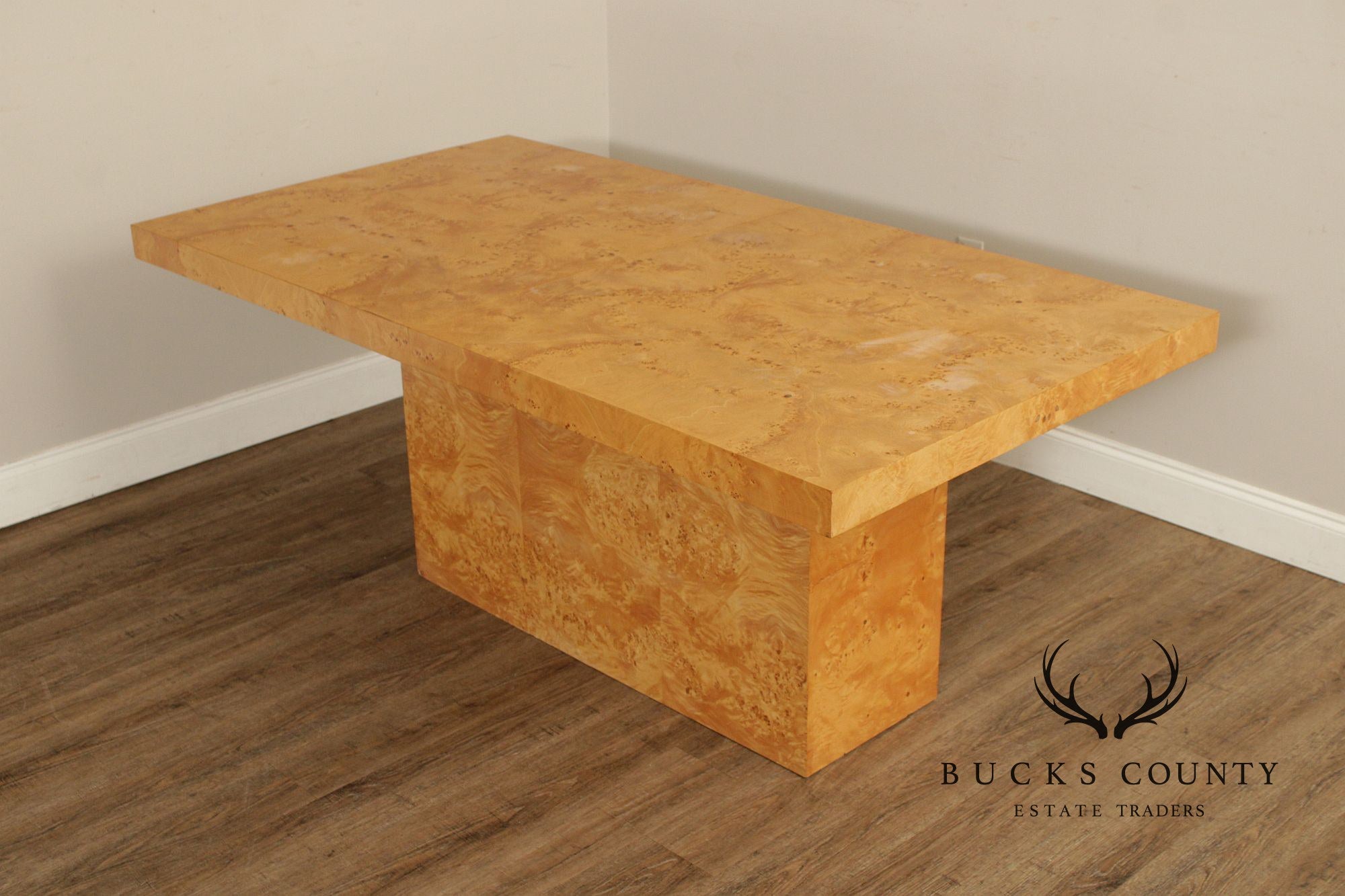 Milo Baughman Style Burlwood Extension Dining Table with 2 Leaves