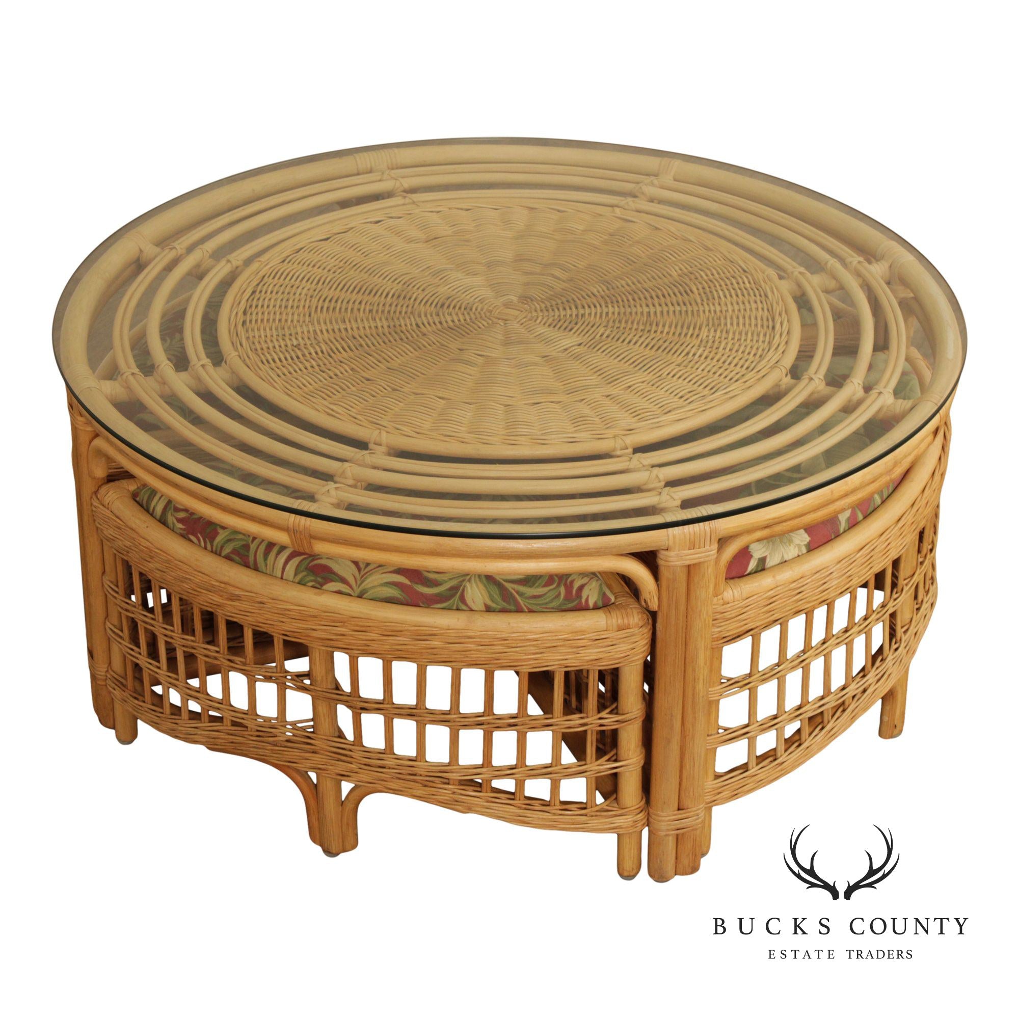 Braxton Culler Raffles Collection Round Rattan Coffee Table with Stools