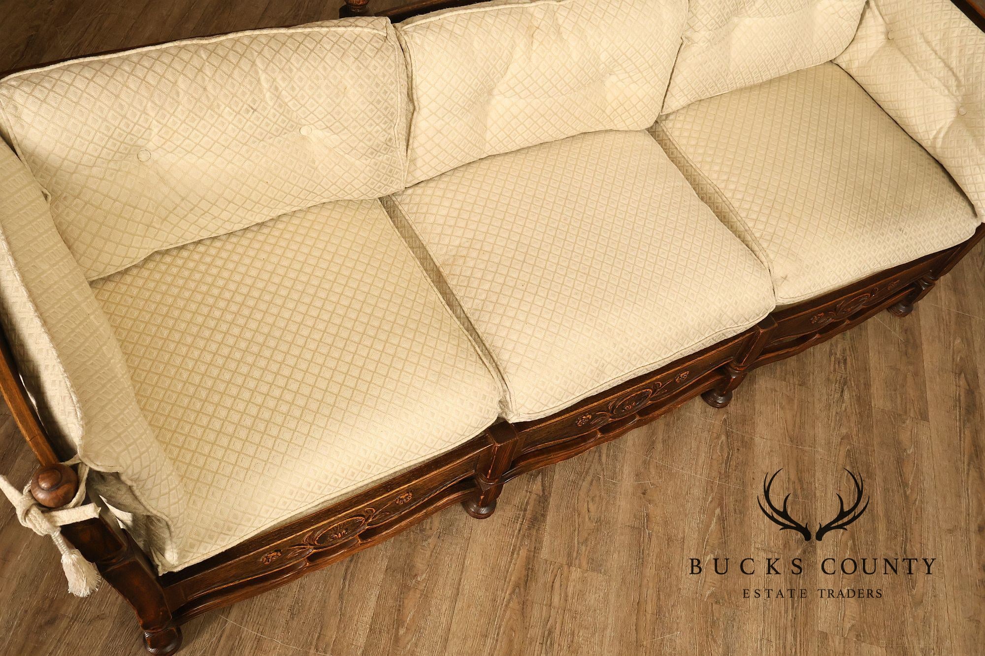 French Country Style Carved Oak Frame Three Seat Sofa
