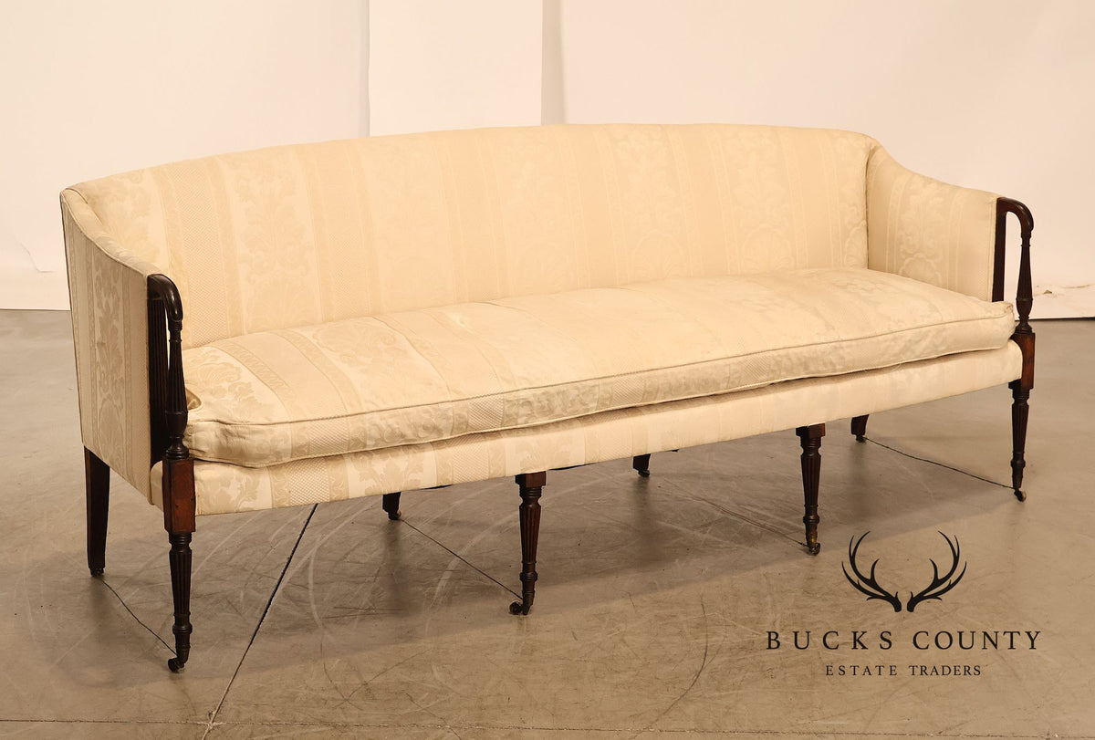 Antique Sheraton Style Mahogany Camelback Upholstered Sofa
