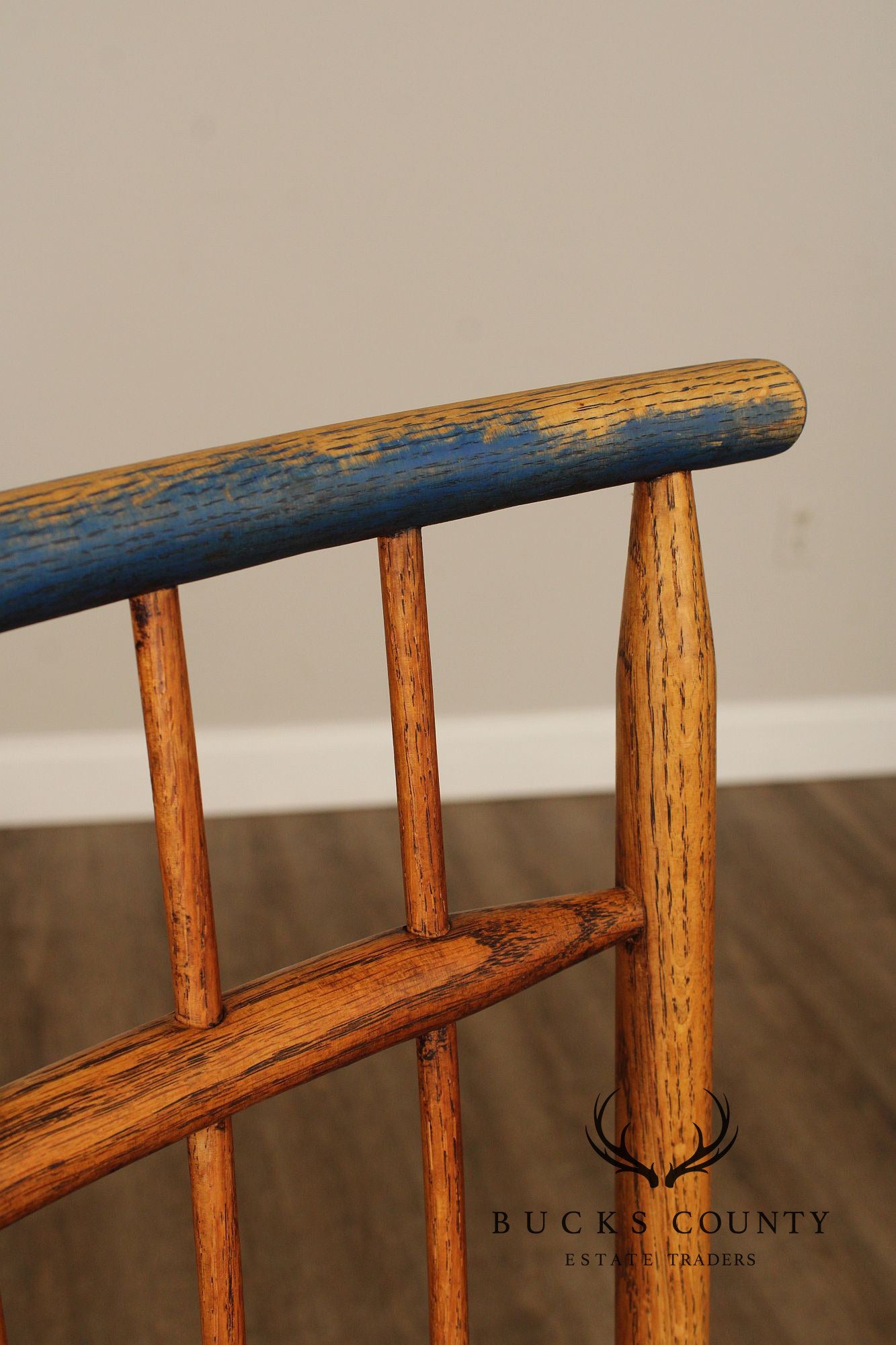 Early American Style Set of Four Oak Painted Windsor Armchairs