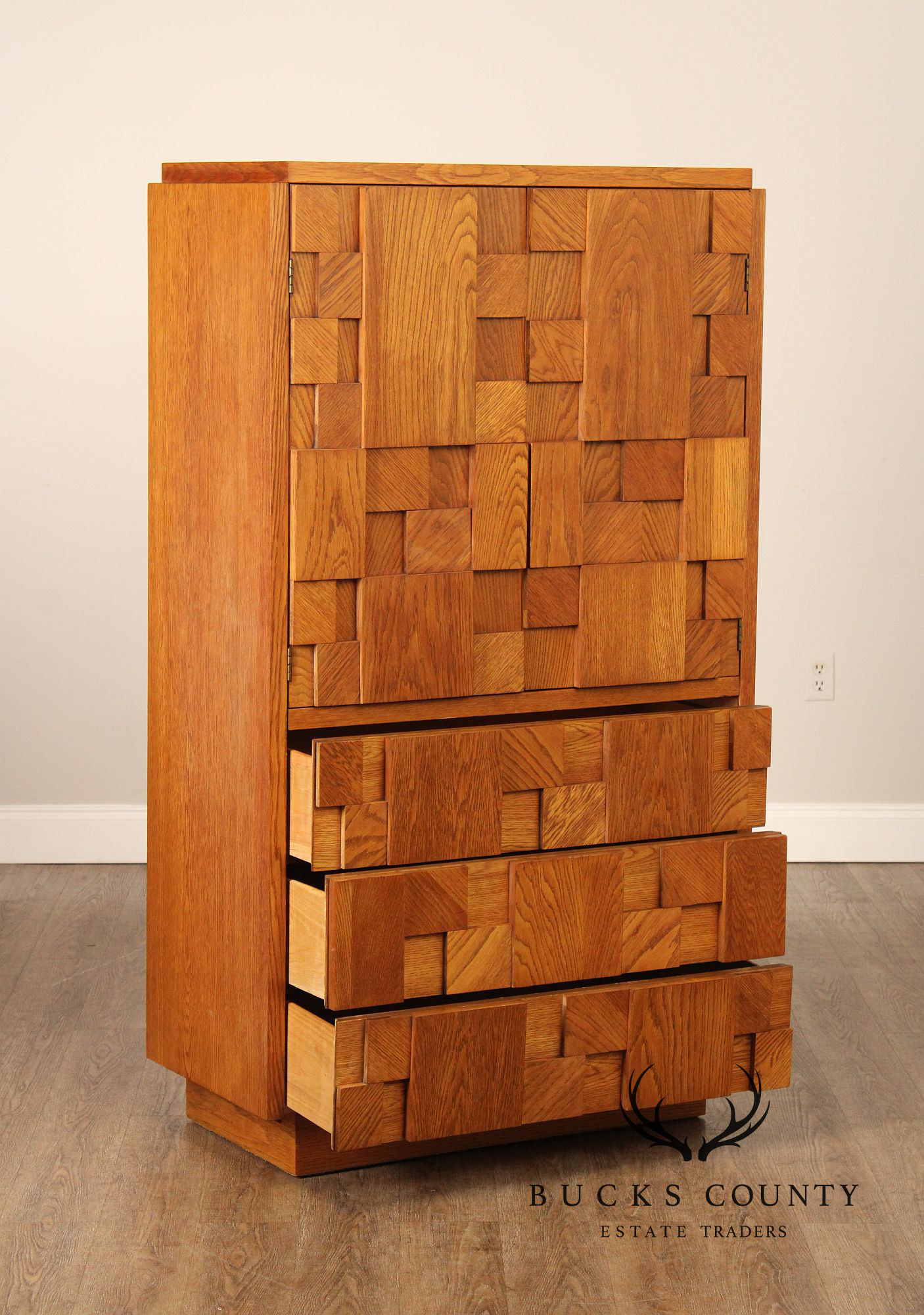 Lane Mid Century Modern Brutalist Oak Armoire