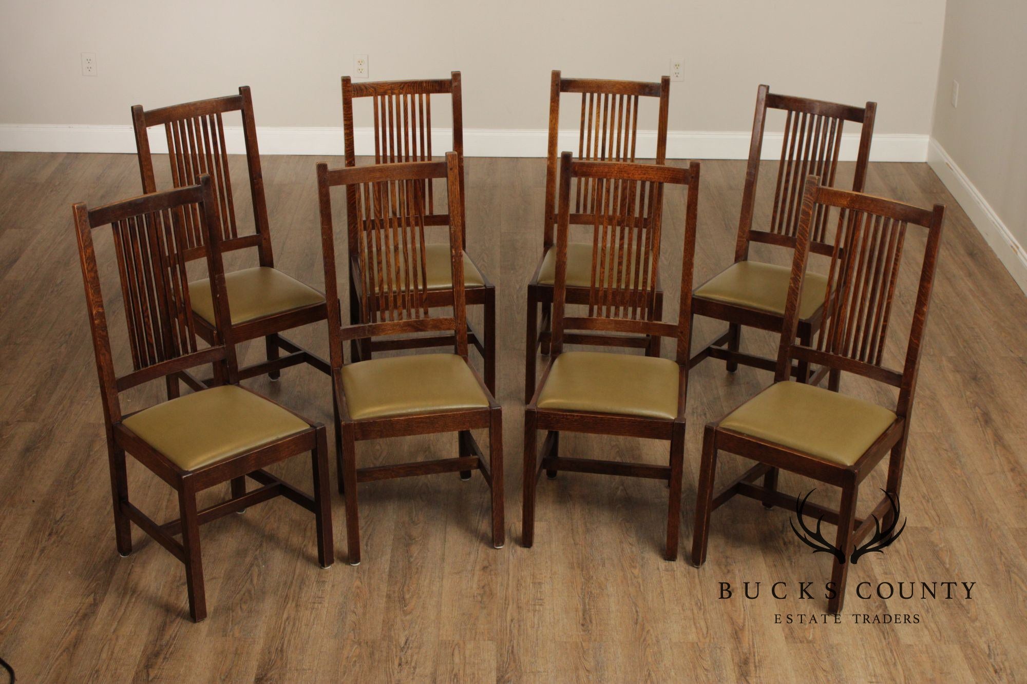 Stickley Mission Collection Set Of Eight Oak Spindle Back Dining Chairs