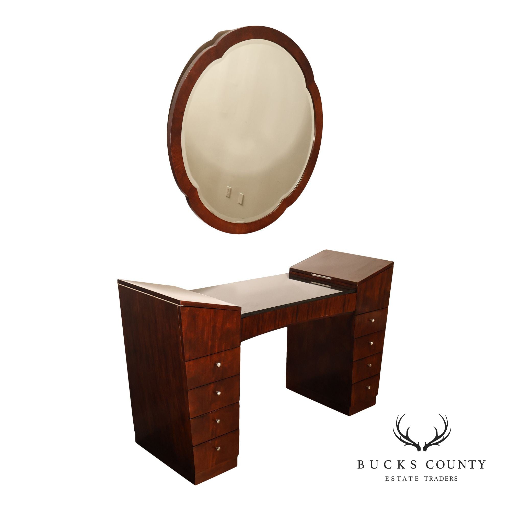 Hickory White Mahogany Art Deco Style Vanity Desk With Mirror