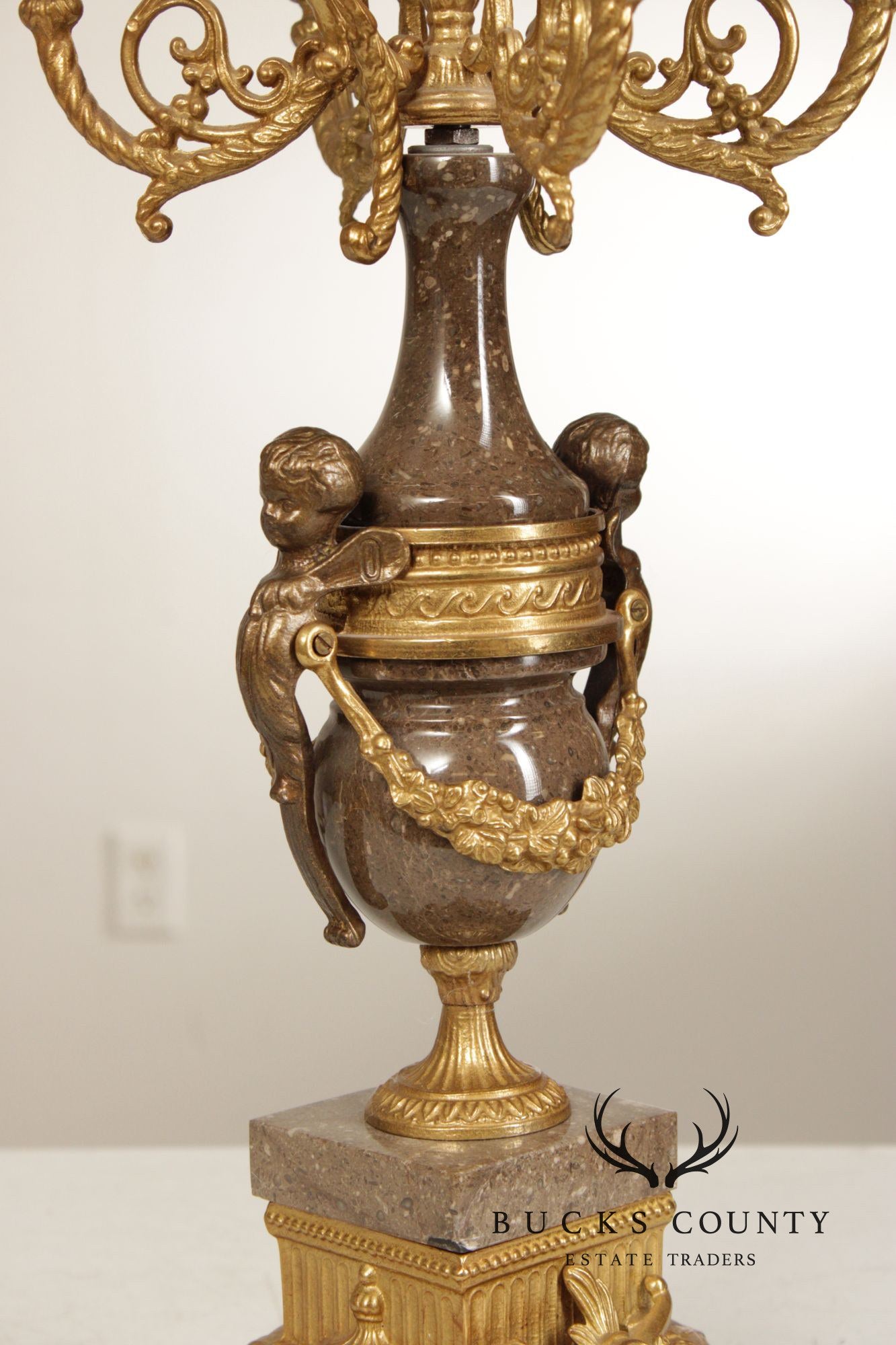 Brevettato Italian Pair of Marble and Gilt Bronze Candelabra