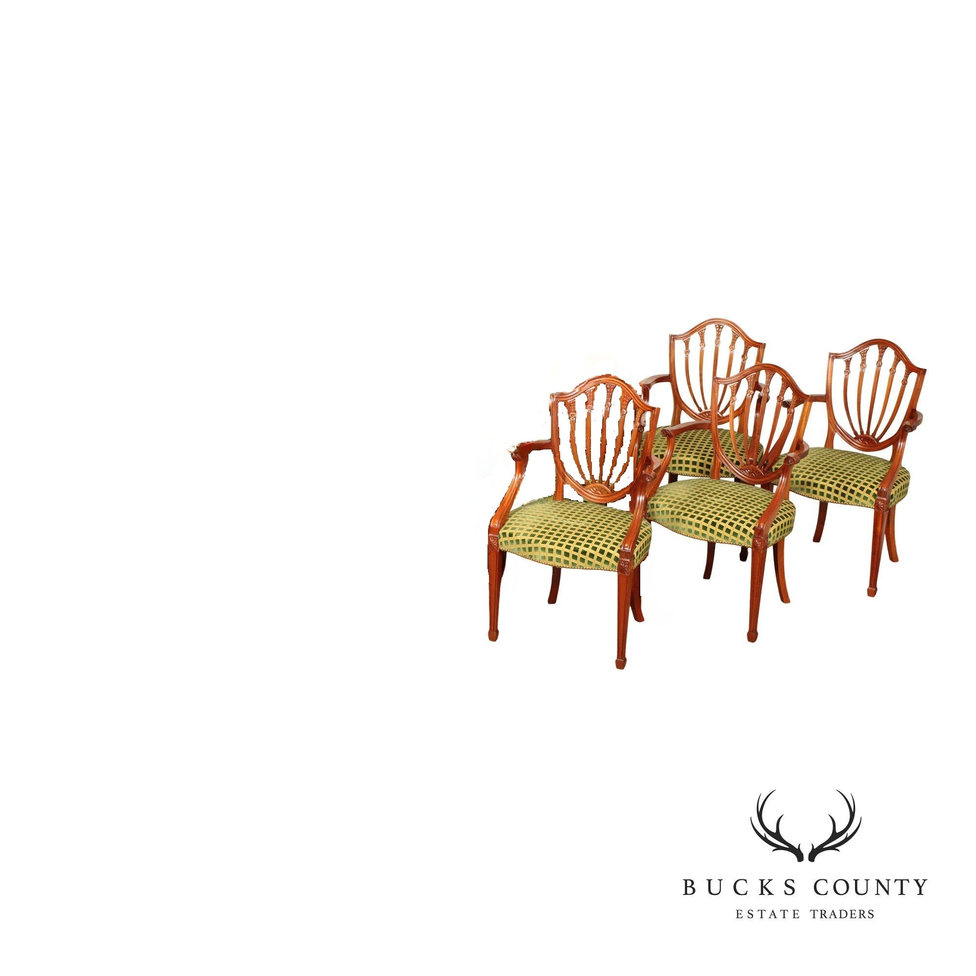 Hepplewhite Style Set of Four Carved Mahogany Shield Back Dining Chairs