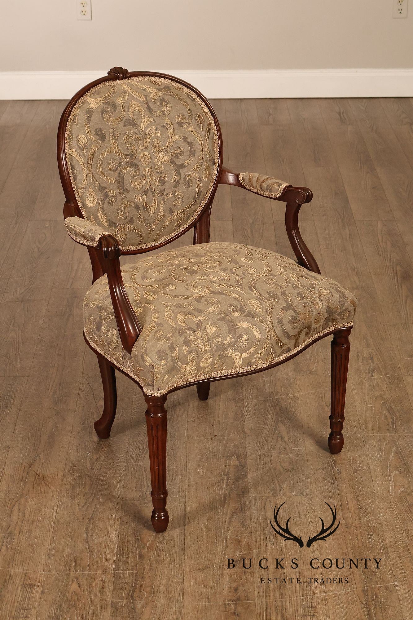 Hepplewhite Inspired Set Of Eight Mahogany Carved Oval Back  Dining Chairs