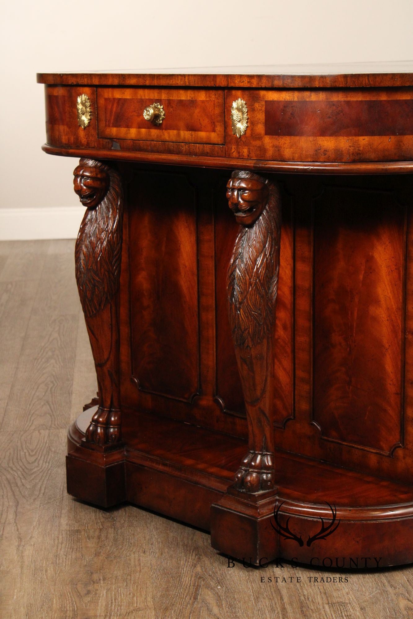 Maitland Smith Carved Mahogany Leather Top Executive Partner's Desk