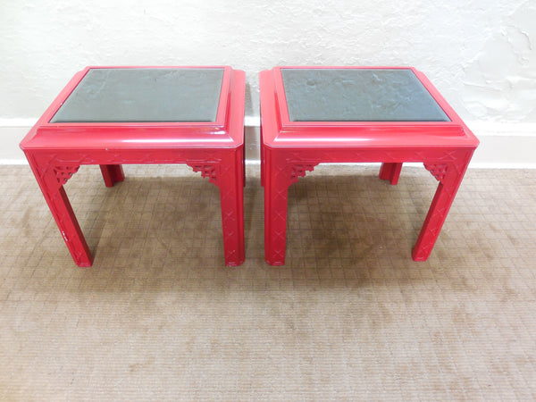 Hollywood Regency Chinese Chippendale Lacquered Mirrored Top End Tables