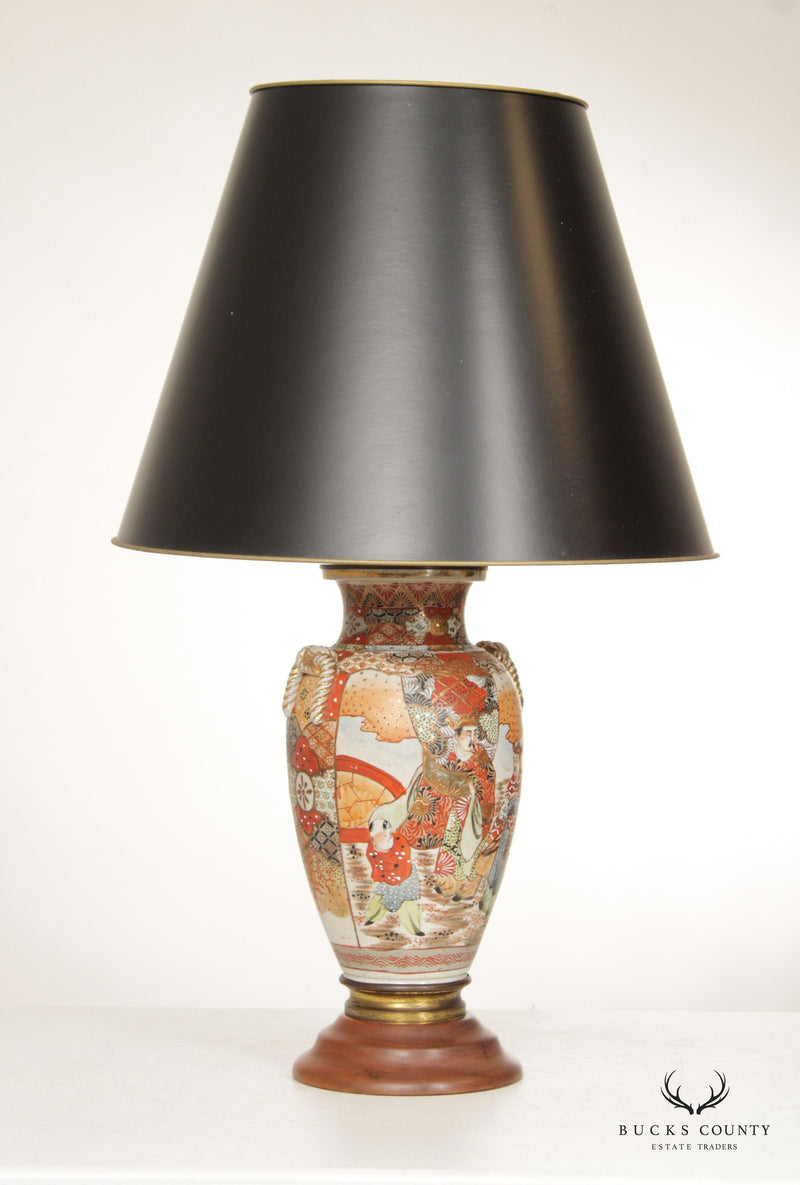 Japanese Satsuma Antique Pair of Enameled Porcelain Vase Table Lamps