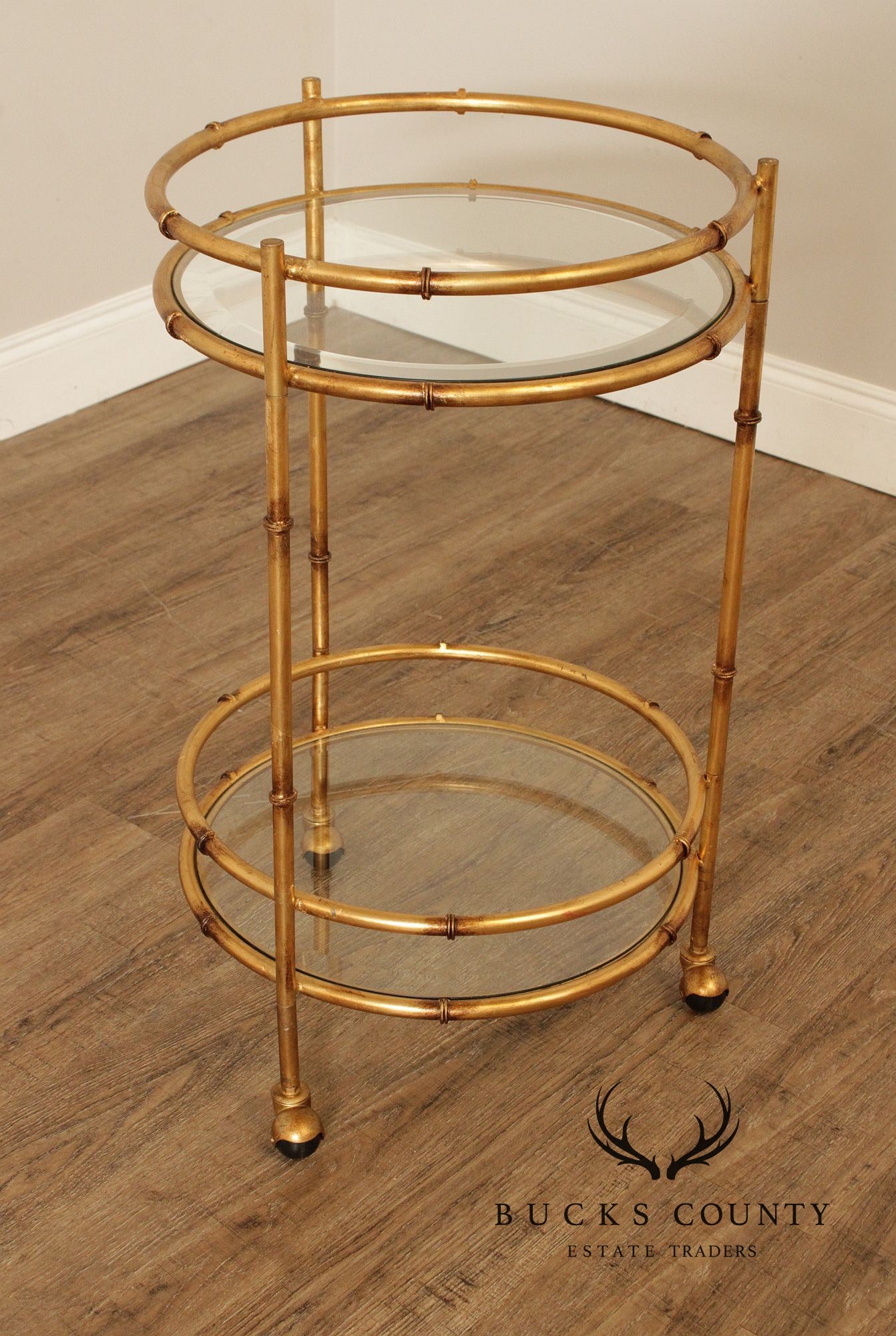 Hollywood Regency Style Gilt Metal Two-Tier Rolling Bar Cart