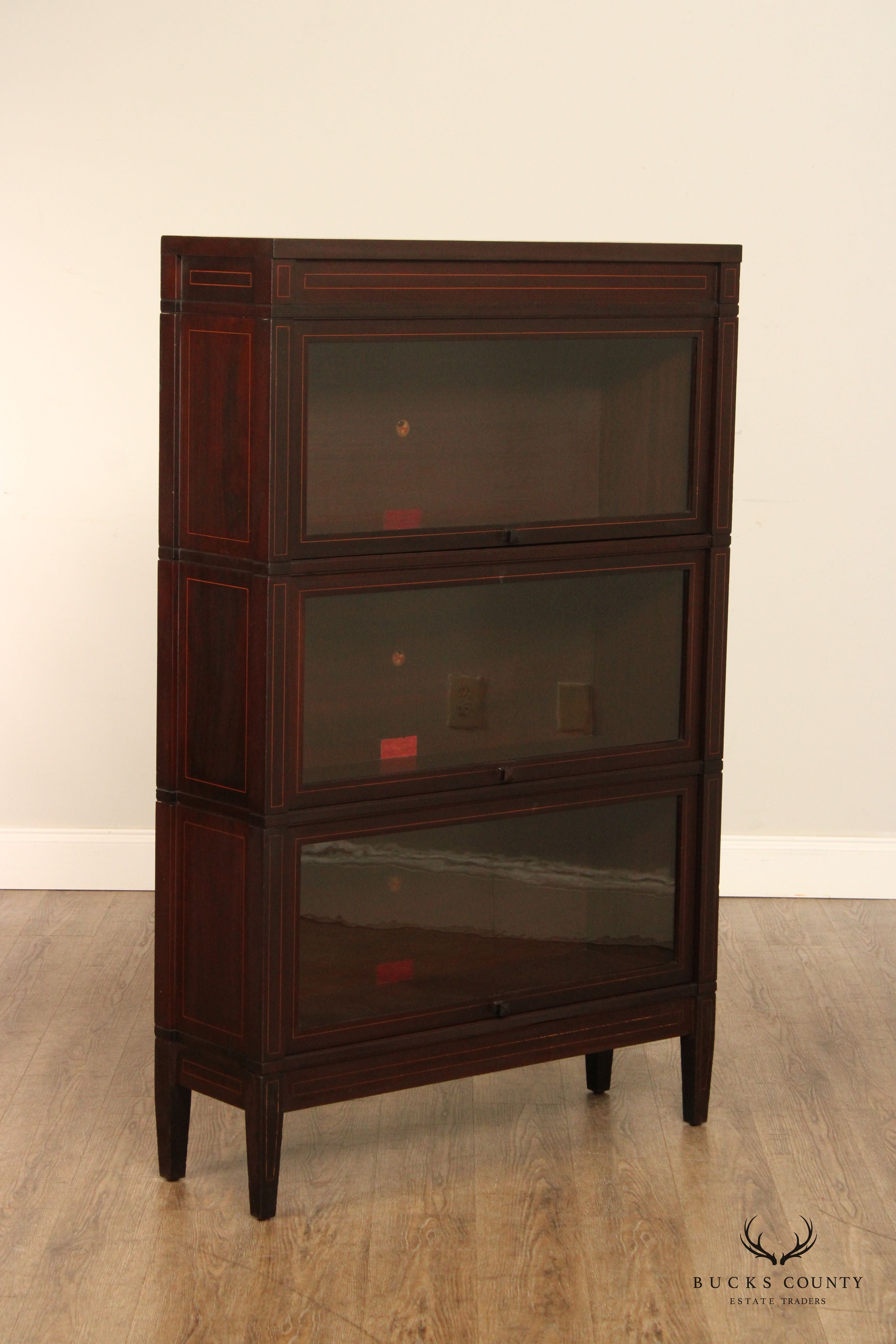 Globe Wernicke Antique Sheraton Style Three Stack Inlaid Mahogany Barrister Bookcase