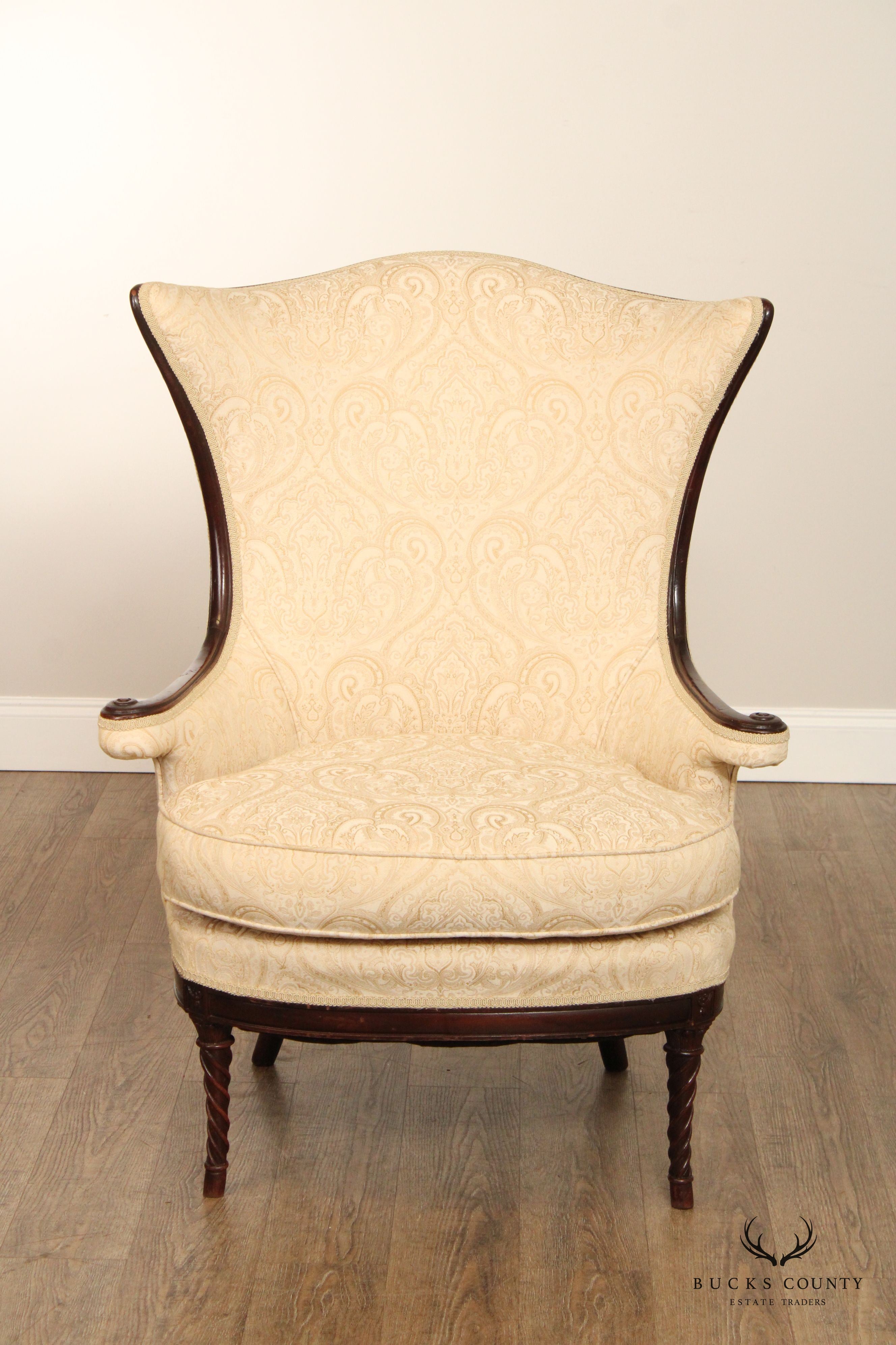 1940's Regency Style Mahogany Frame Damask Wing Chair